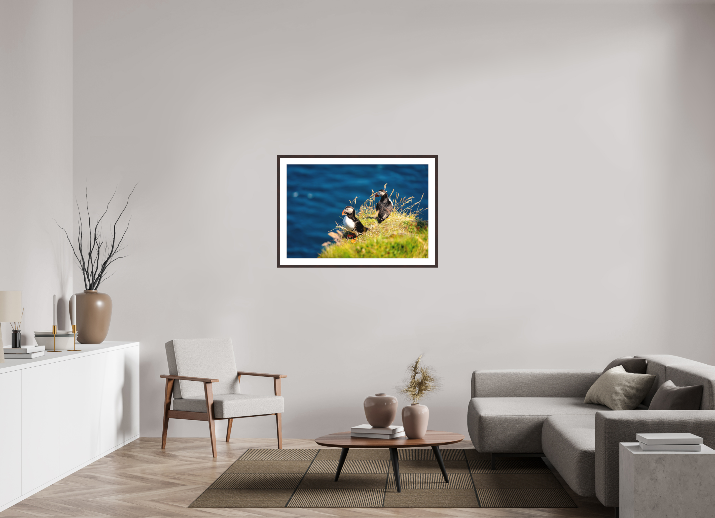 105 x 70 cm, Baryta Prestige II with Matte Float Glass Clifftop Puffins