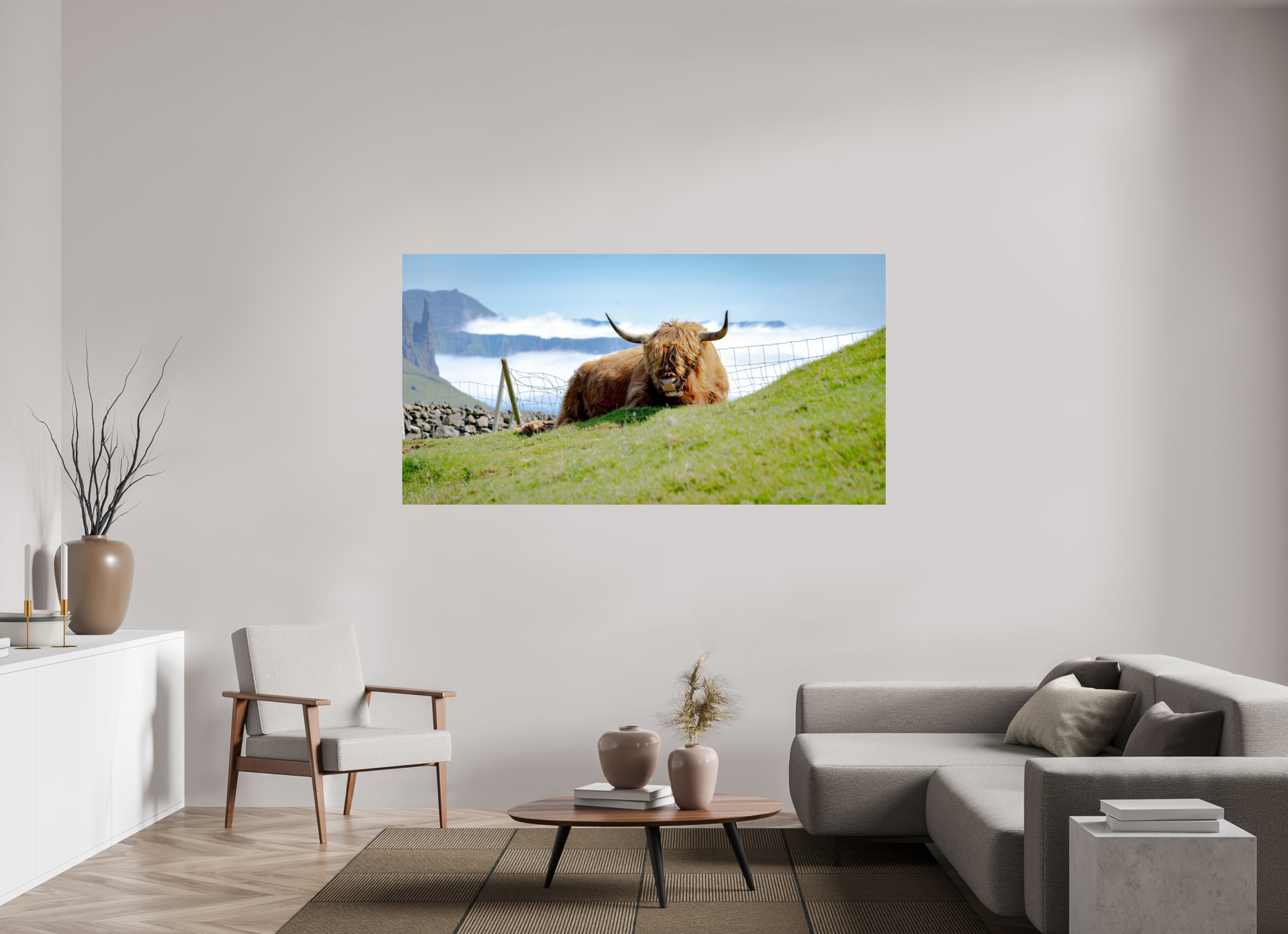 192.9 x 100 cm, PH Print On Fujiflex High Gloss Highland Cow of the Faroe Islands
