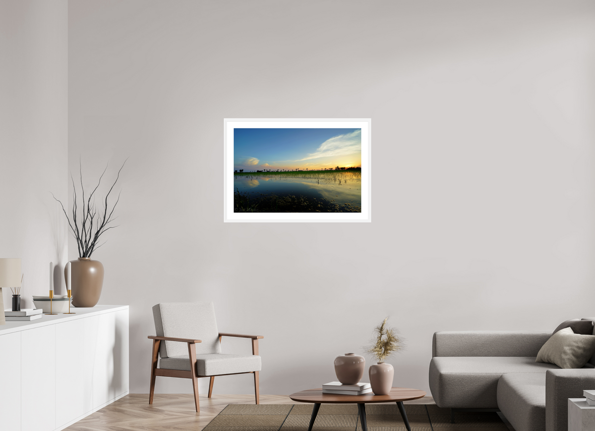90 x 60 cm, Fine Art Print with Frame Rice Fields at Dusk