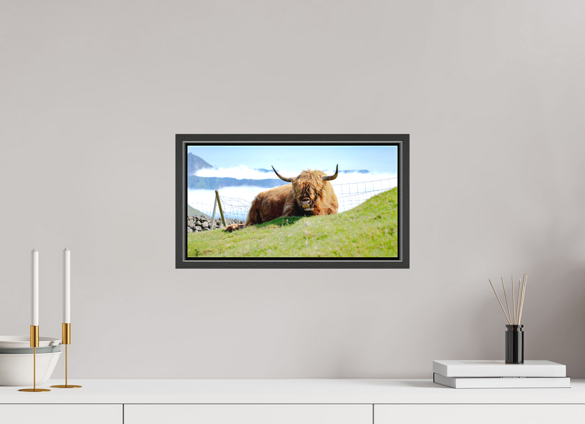 38.6 x 20 cm, Textile Print Canvas with 15 mm Width Gap Frame Highland Cow of the Faroe Islands