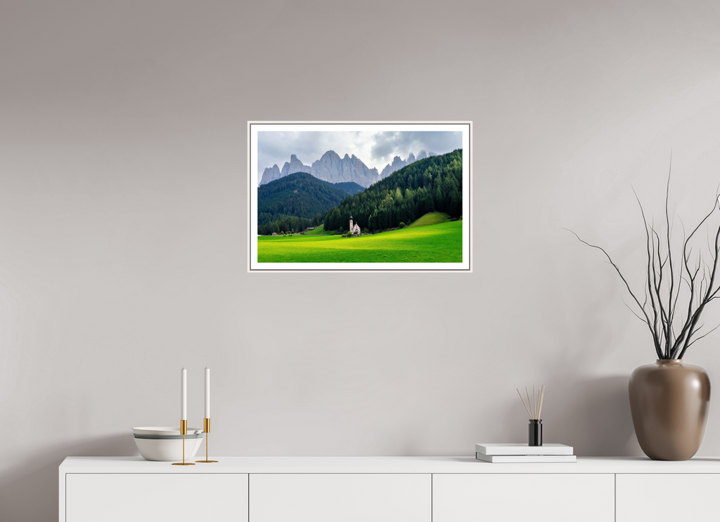 62.3 x 40 cm, Fine Art Print On Framed Aluminum Dibond Church of Saint John in the Dolomites - Italy