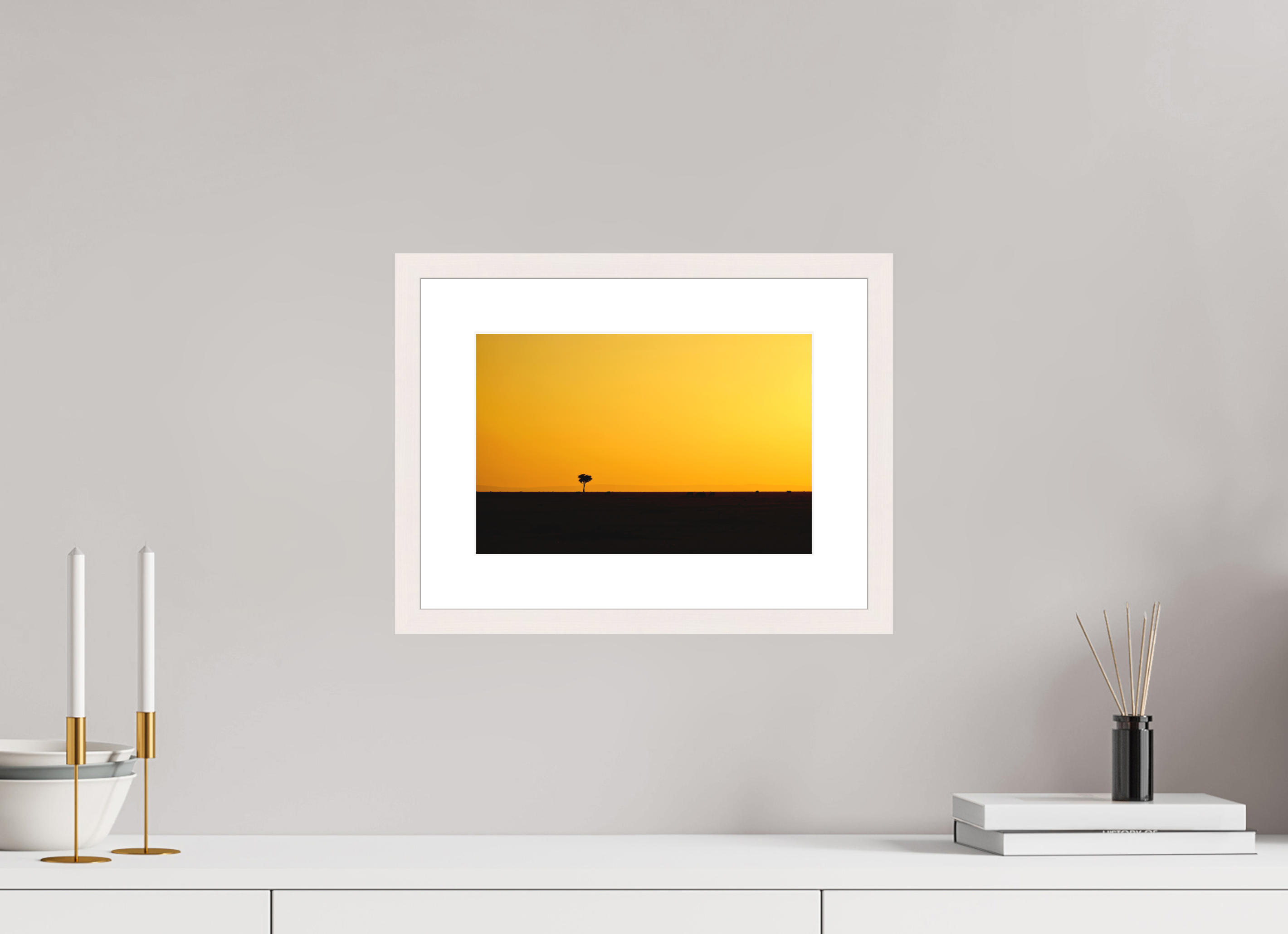 30 x 20 cm, Solid Wood Frame with Passe Partout Golden Sky over the African Savannah