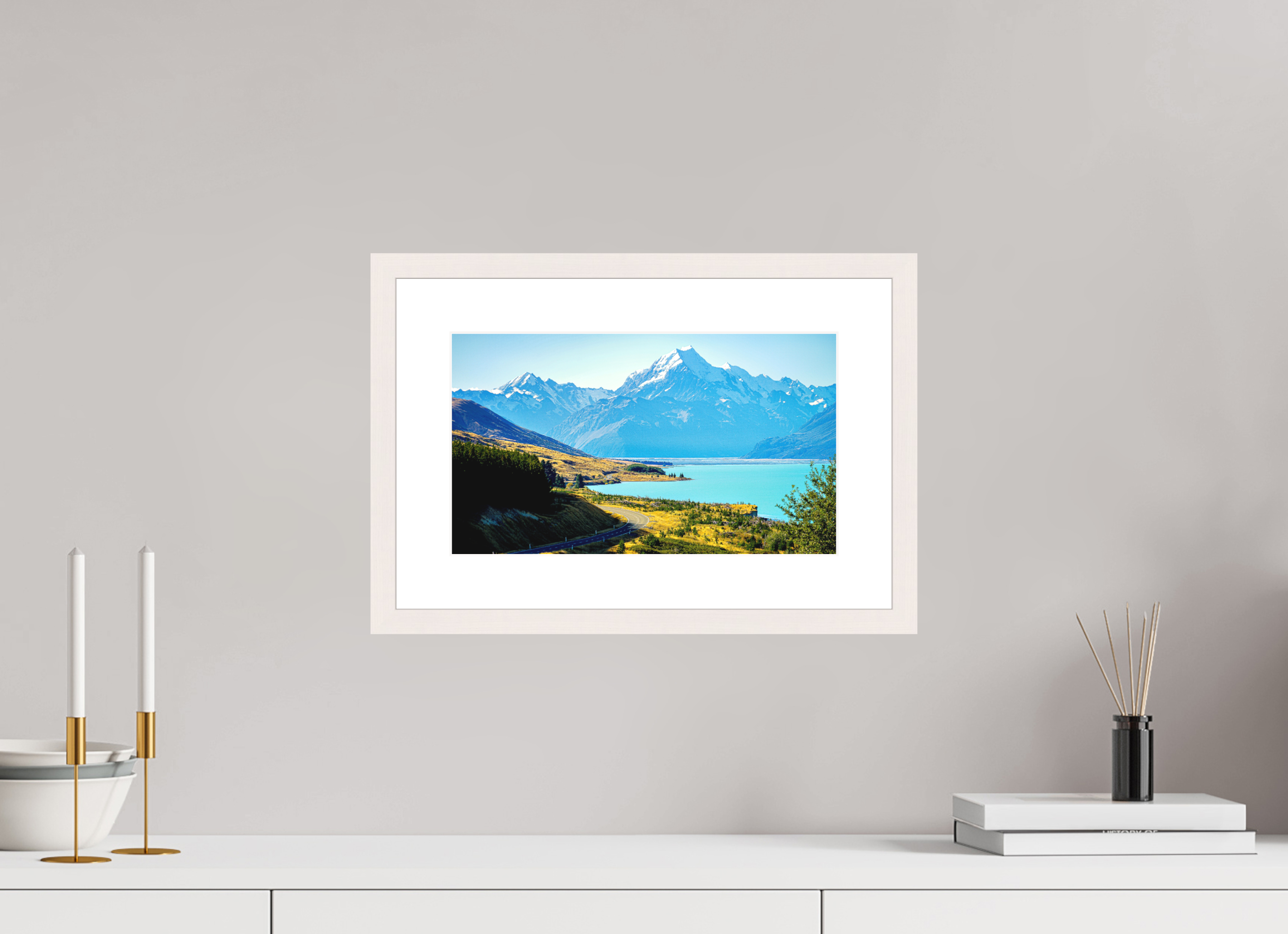 34.2 x 20 cm, Solid Wood Frame with Passe Partout Mount Cook Road - New Zealand