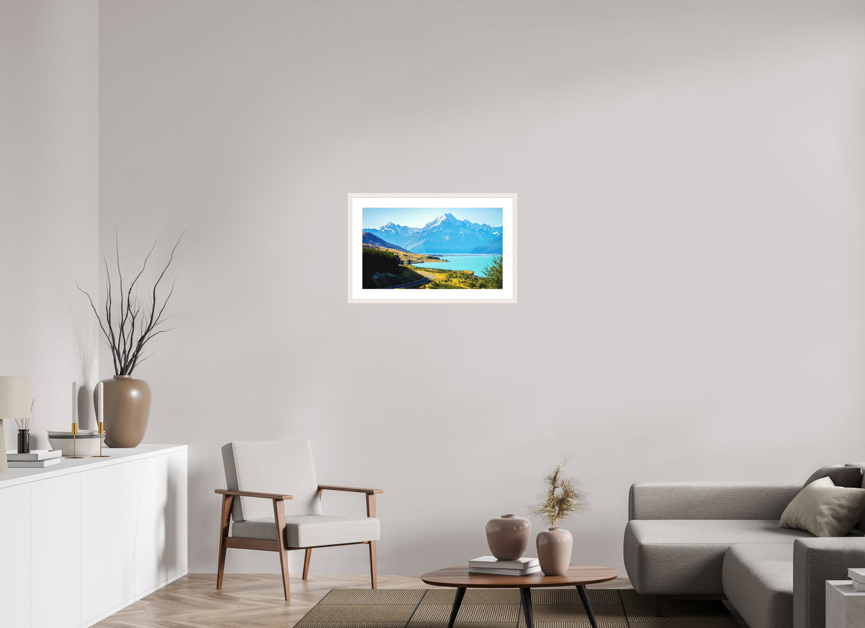 68.4 x 40 cm, Solid Wood Frame with Passe Partout Mount Cook Road - New Zealand