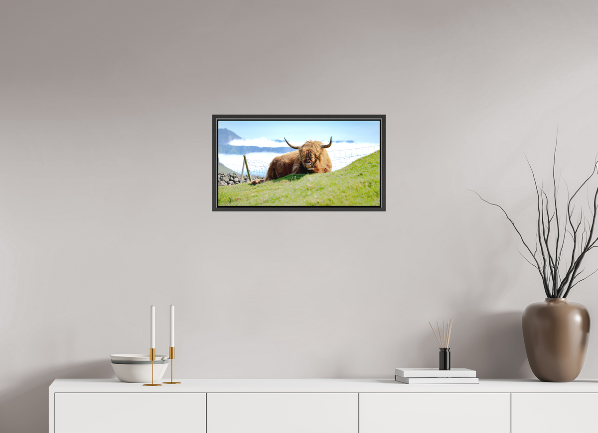 57.9 x 30 cm, Textile Print Canvas with 15 mm Width Gap Frame Highland Cow of the Faroe Islands