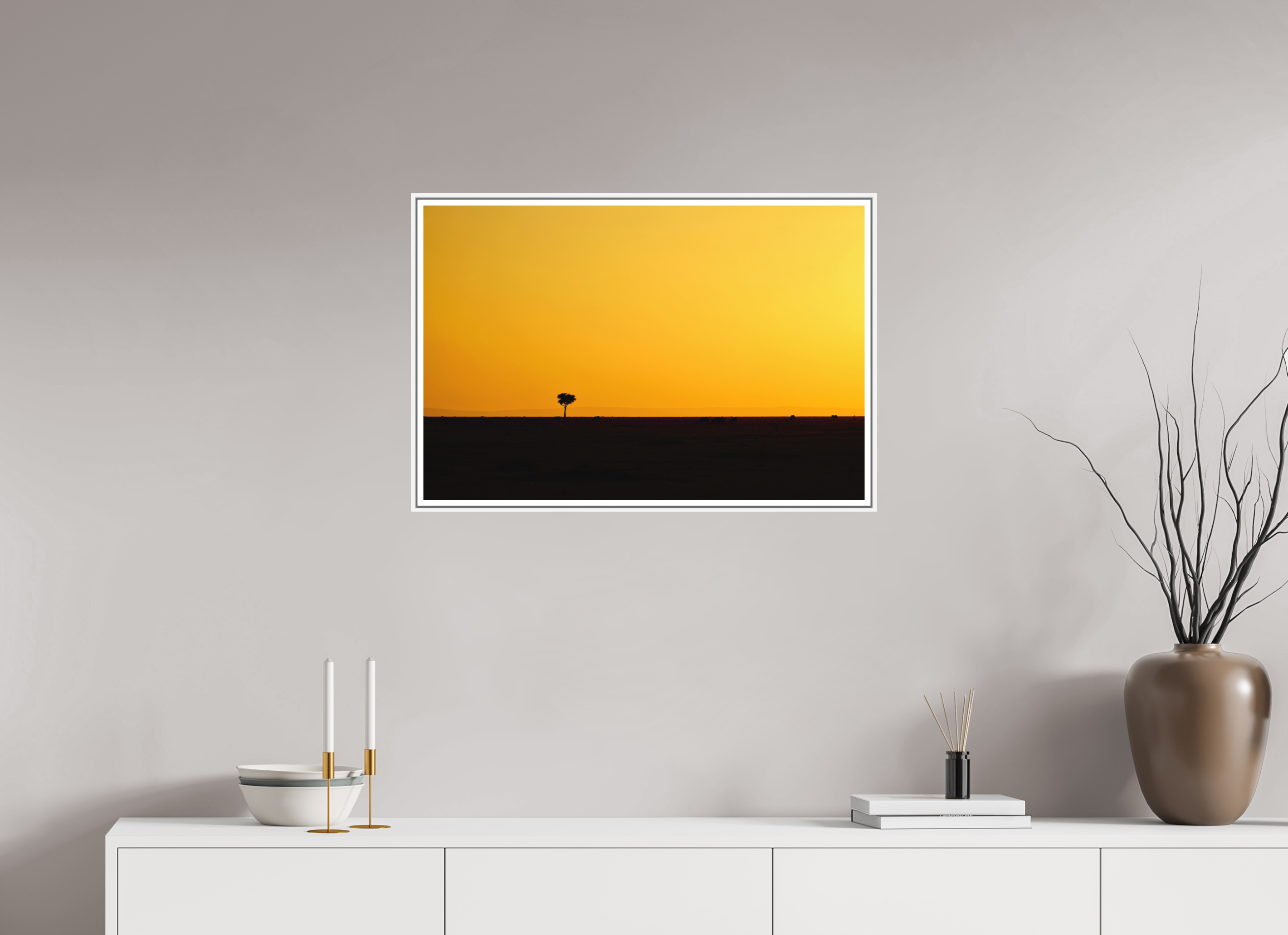 75 x 50 cm, Print on Forex with Frame Golden Sky over the African Savannah