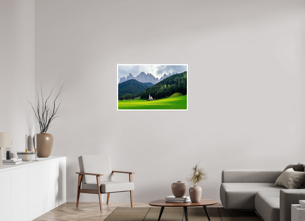 93.5 x 60 cm, Fine Art Print On Framed Aluminum Dibond Church of Saint John in the Dolomites - Italy