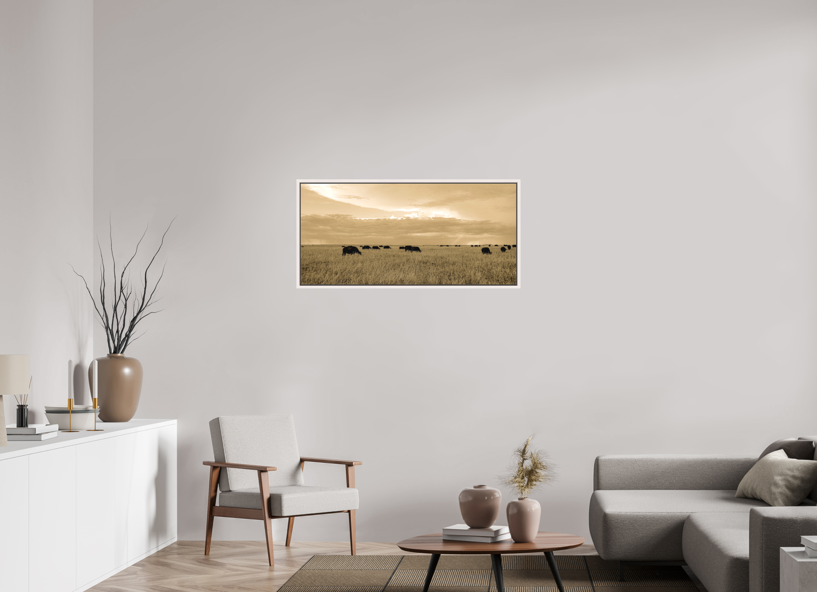 108.2 x 50 cm, Matte Canvas 15 mm Frame Grazing Herd of African Buffalo, Masai Mara, Kenya