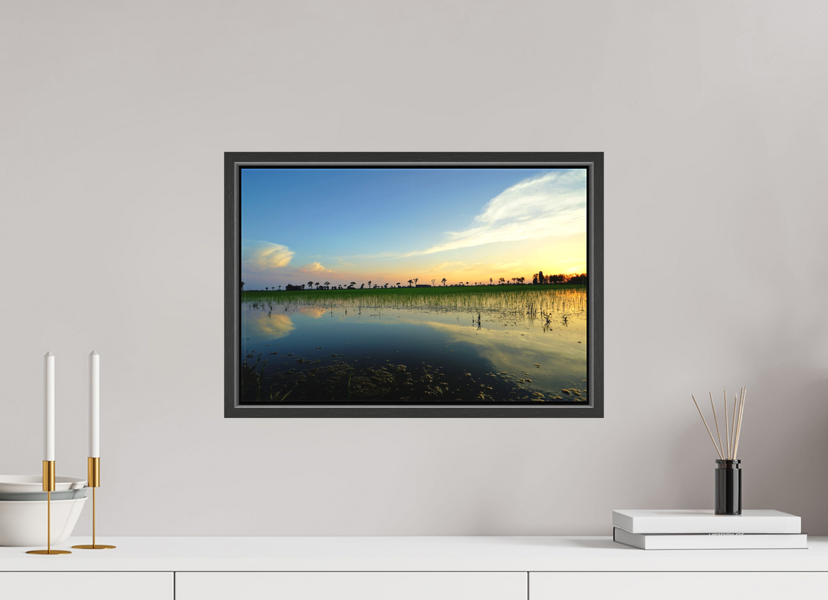 45 x 30 cm, Textile Print Canvas with 15 mm Width Gap Frame Rice Fields at Dusk
