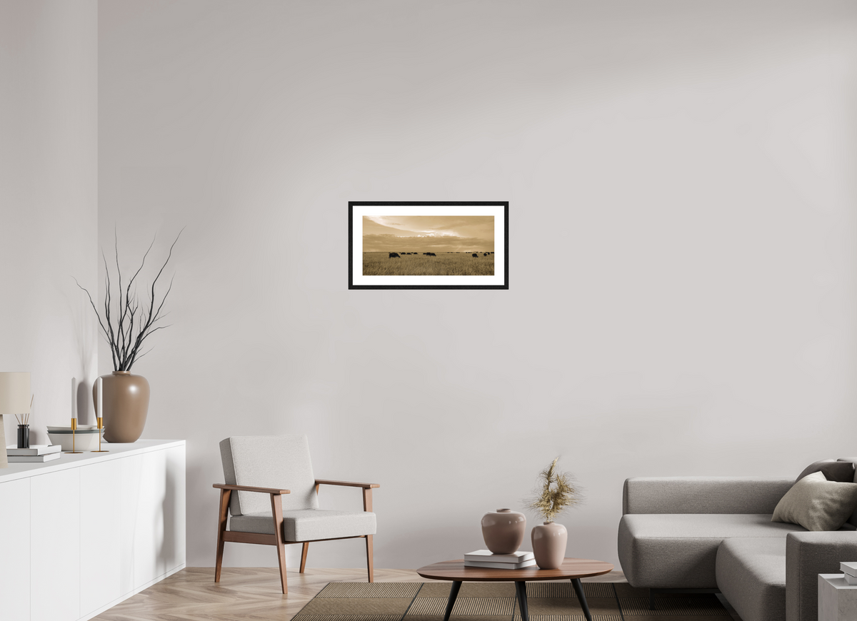 64.9 x 30 cm, Smooth Natural Paper Print with Frame Grazing Herd of African Buffalo, Masai Mara, Kenya