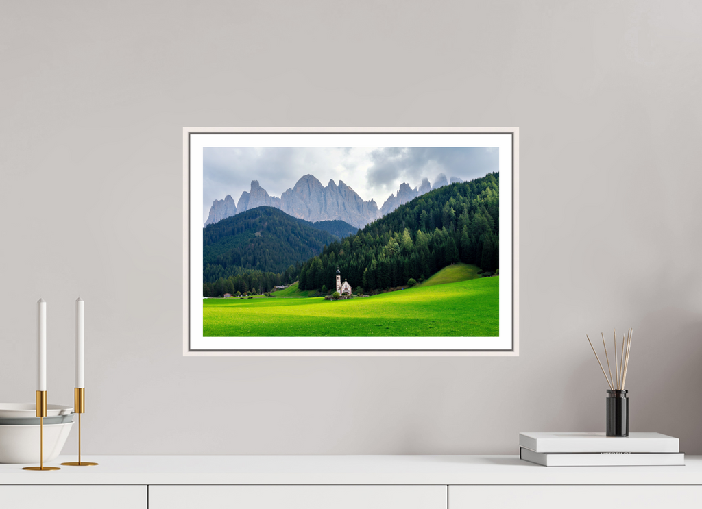 46.8 x 30 cm, Fine Art Print On Framed Aluminum Dibond Church of Saint John in the Dolomites - Italy