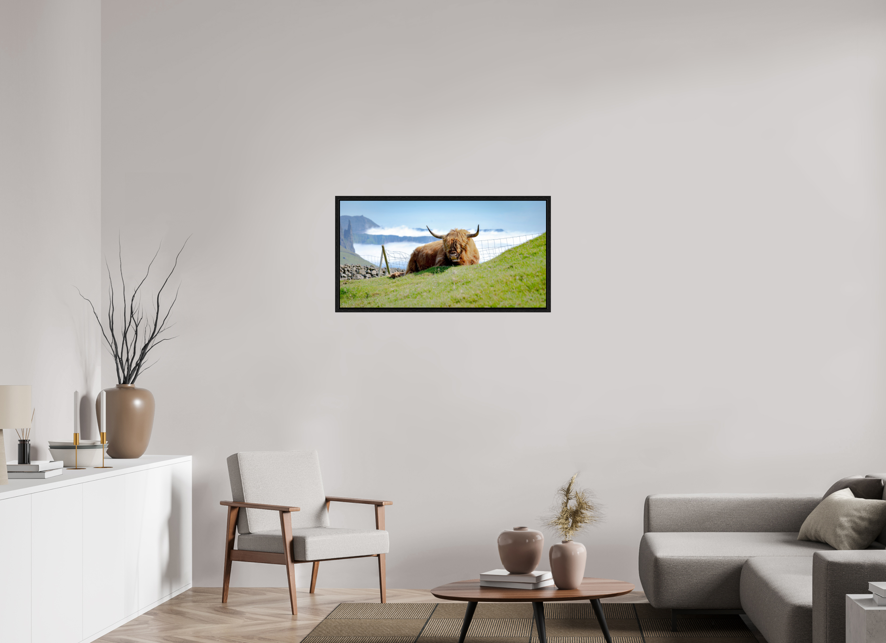 96.5 x 50 cm, Floater Frame Highland Cow of the Faroe Islands