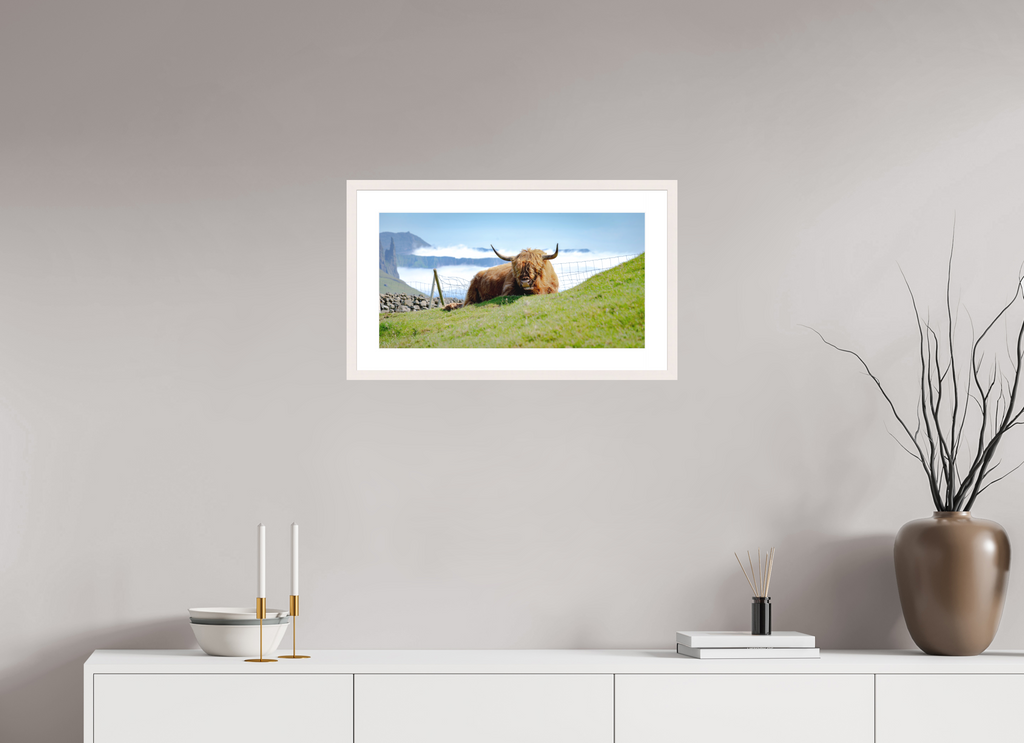 57.9 x 30 cm, Solid Wood Frame with Passe Partout Highland Cow of the Faroe Islands