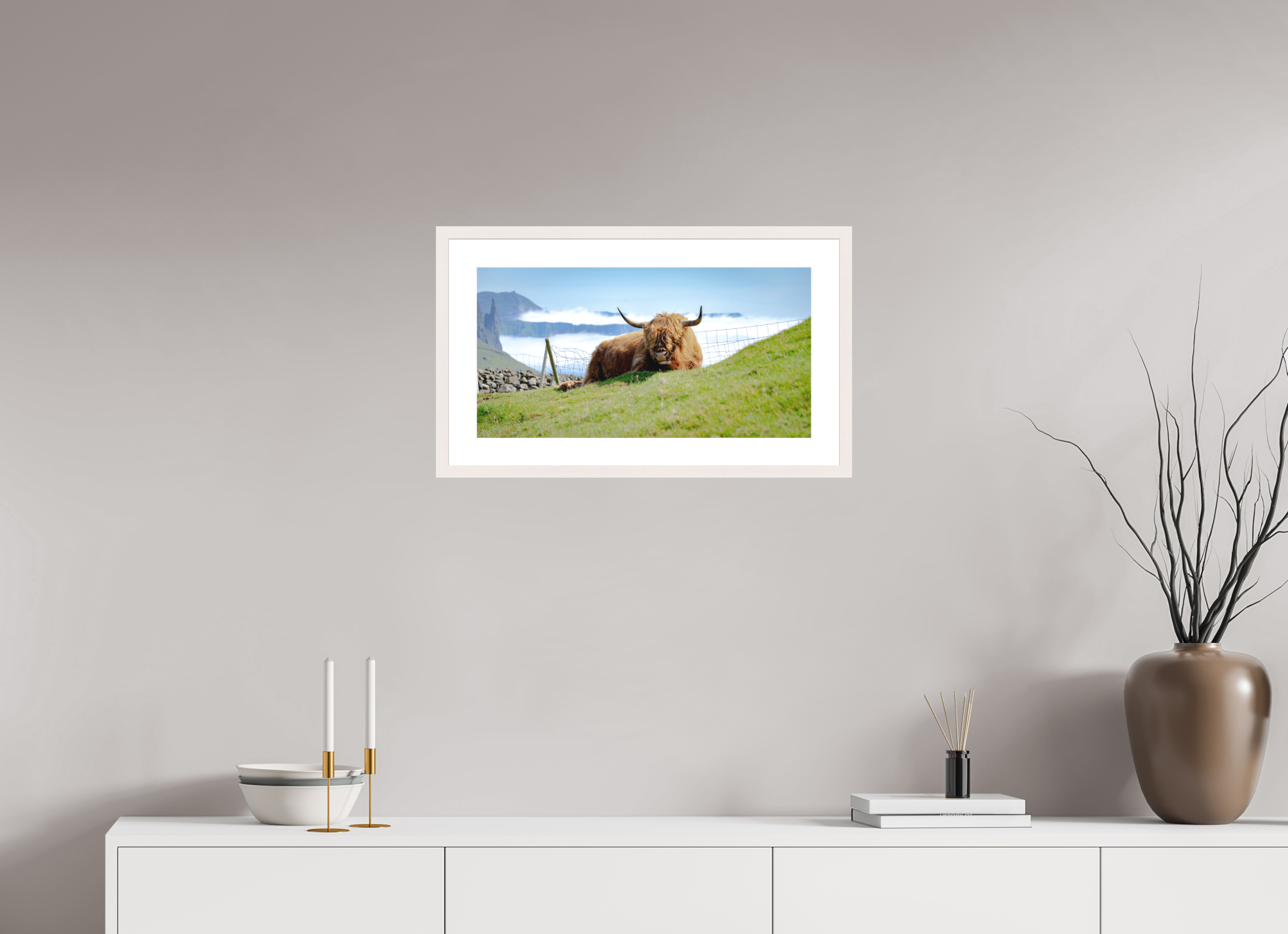 57.9 x 30 cm, Solid Wood Frame with Passe Partout Highland Cow of the Faroe Islands