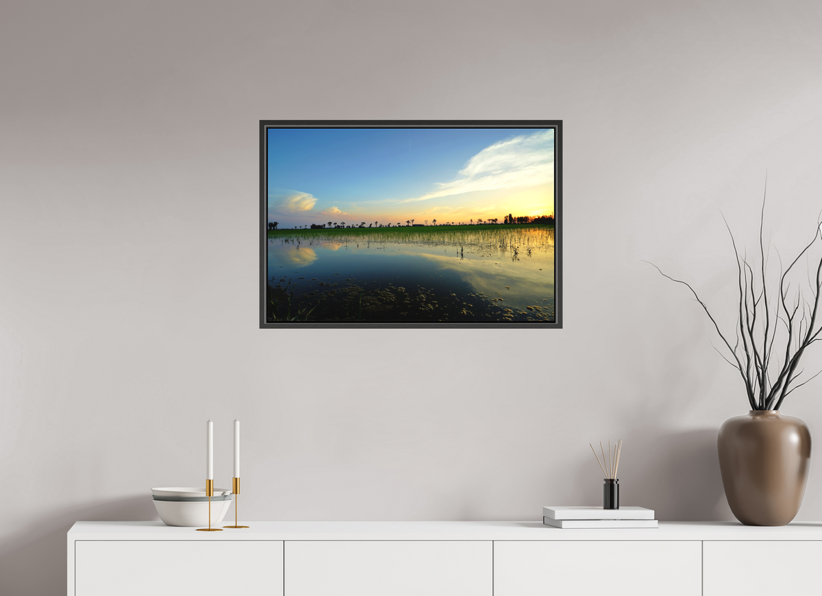 75 x 50 cm, Textile Print Canvas with 15 mm Width Gap Frame Rice Fields at Dusk