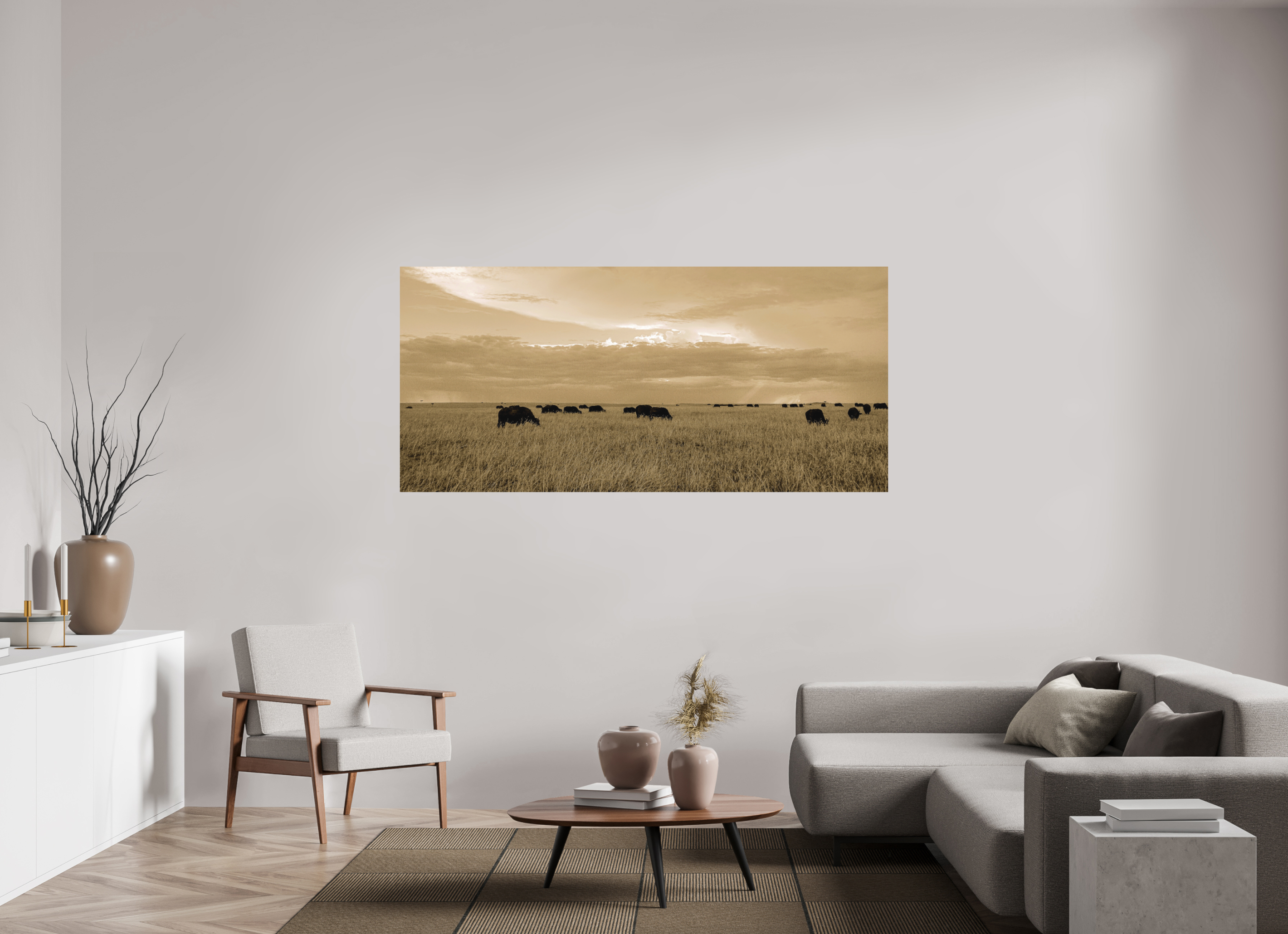194.8 x 90 cm, Fine Art Print Smooth Grazing Herd of African Buffalo, Masai Mara, Kenya