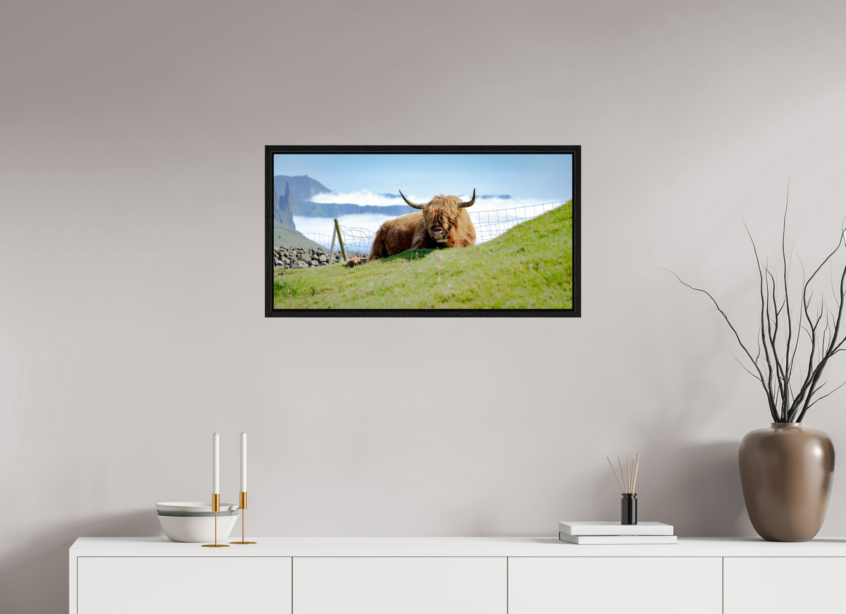 77.2 x 40 cm, Floater Frame Highland Cow of the Faroe Islands