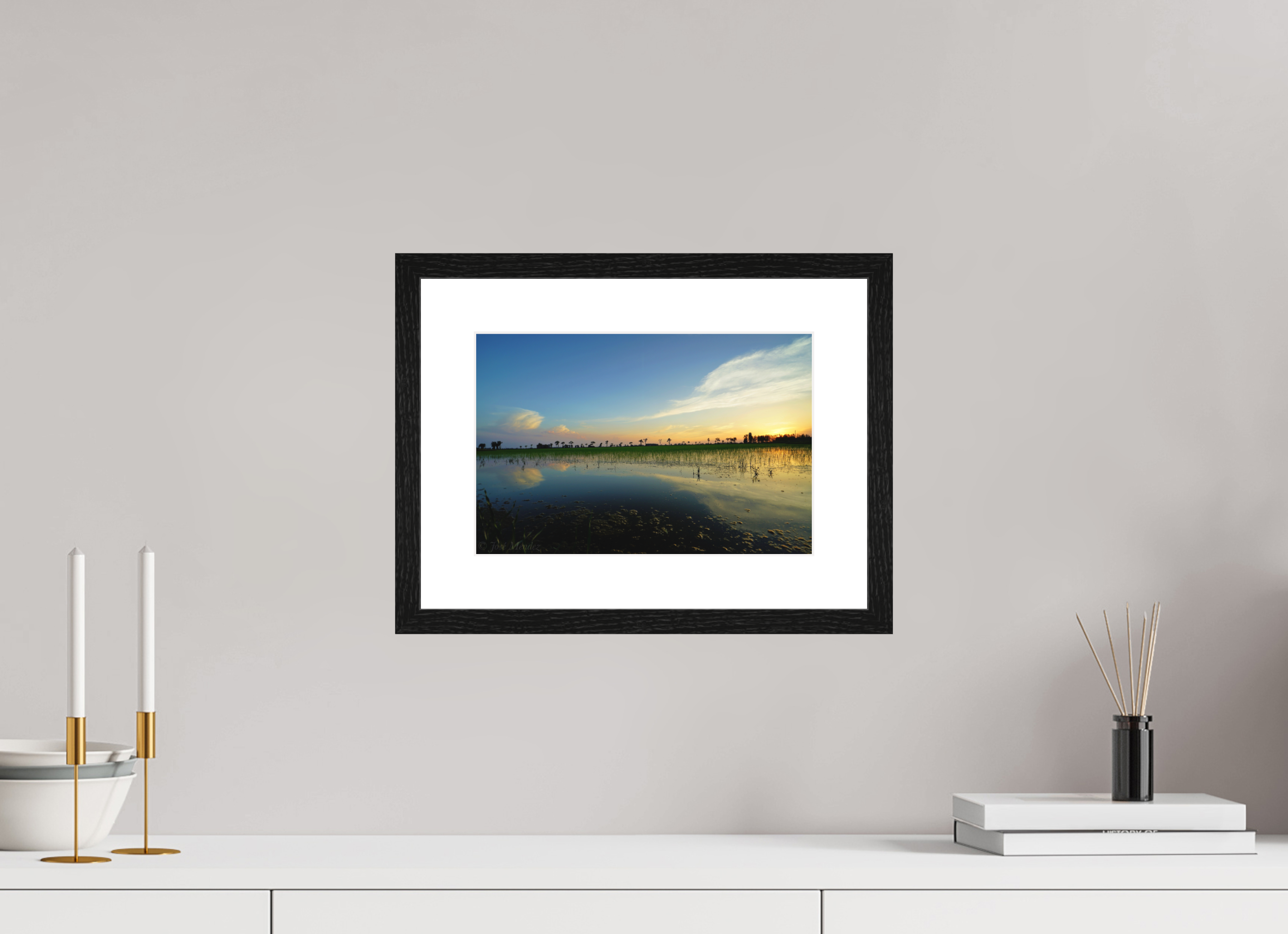 30 x 20 cm, Smooth Natural Paper Print with Frame Rice Fields at Dusk