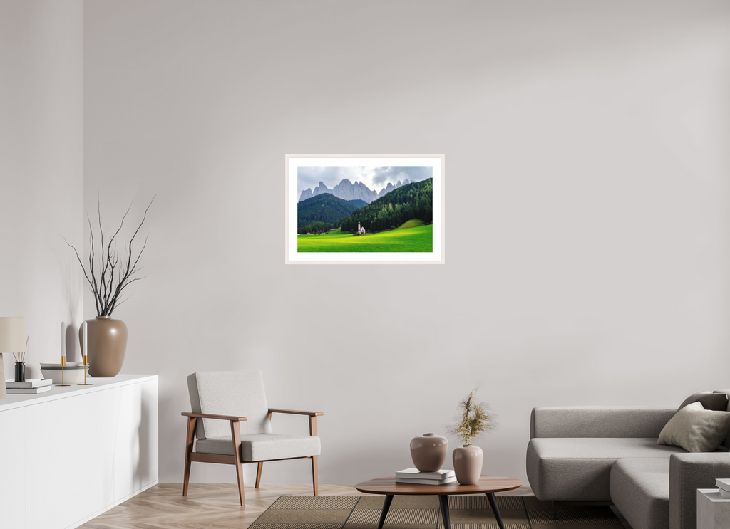 77.9 x 50 cm, Solid Wood Frame with Passe Partout Church of Saint John in the Dolomites - Italy