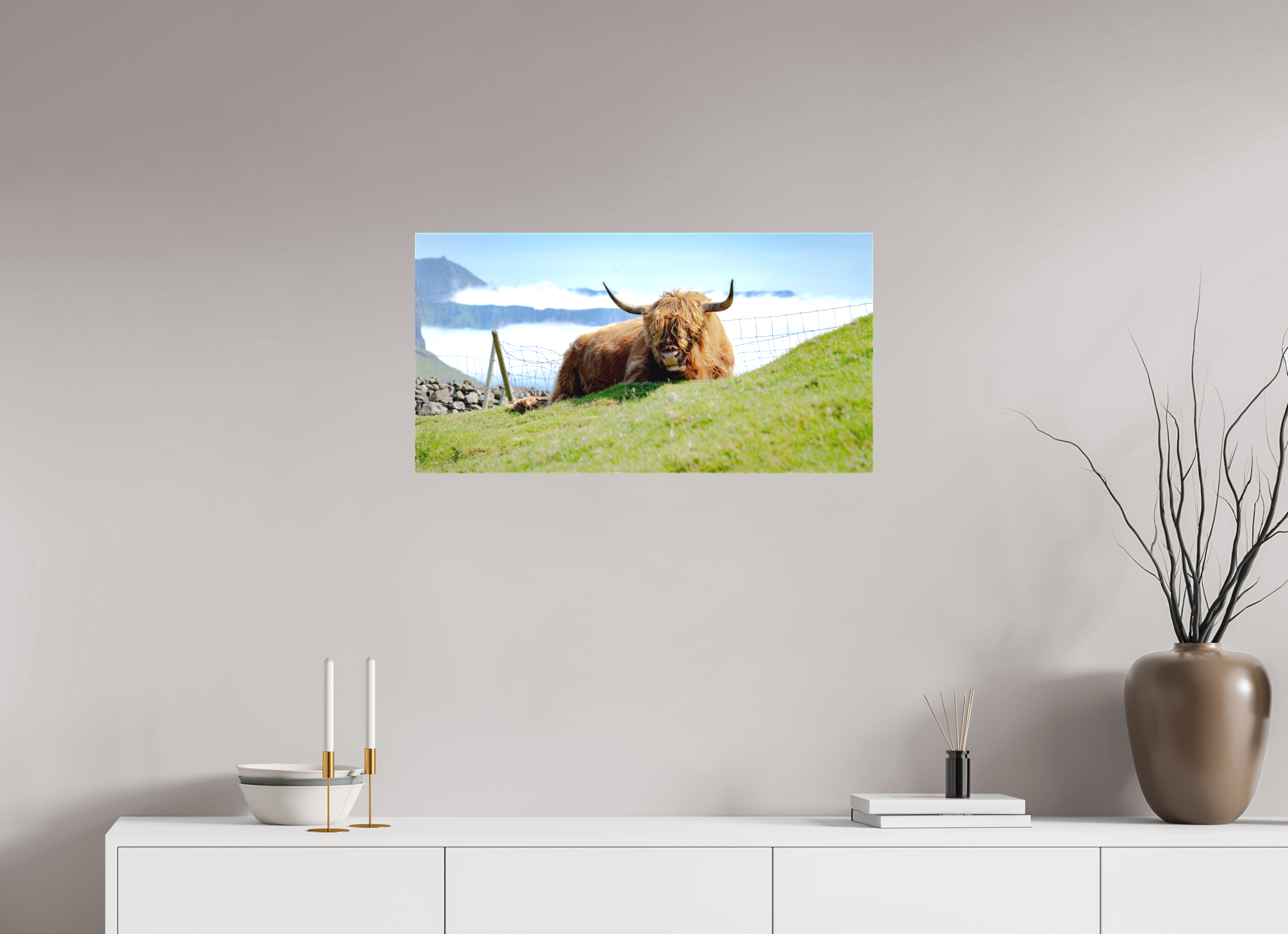 77.2 x 40 cm, Matte Canvas on Stretcher Frame Highland Cow of the Faroe Islands
