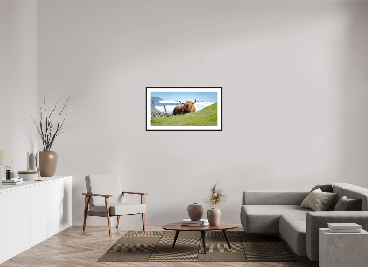 96.5 x 50 cm, Smooth Natural Paper Print with Frame Highland Cow of the Faroe Islands