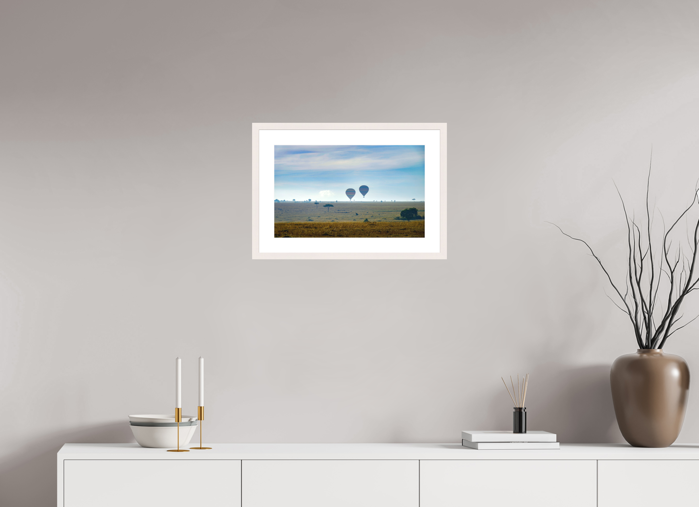 48.2 x 30 cm, Solid Wood Frame with Passe Partout Hot-air Balloons over the Masai Mara - Kenya