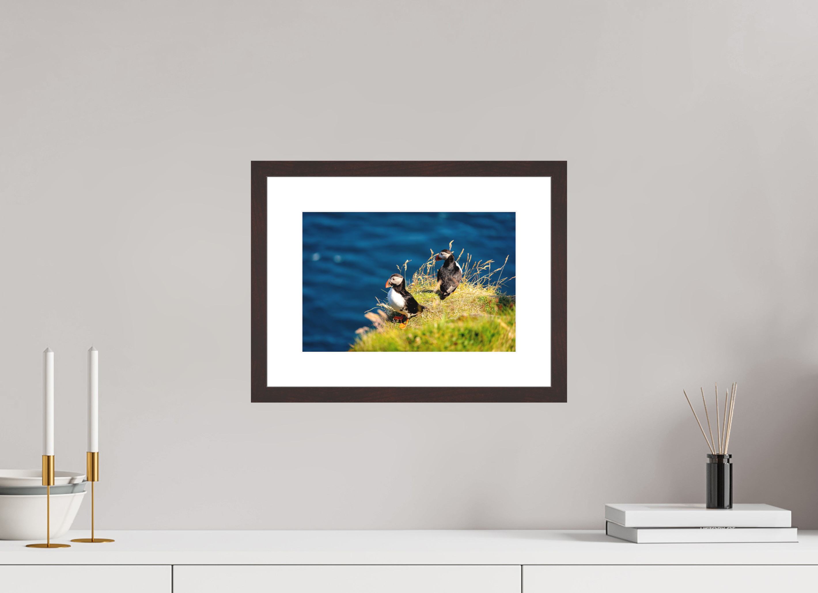 30 x 20 cm, Baryta Prestige II with Matte Float Glass Clifftop Puffins