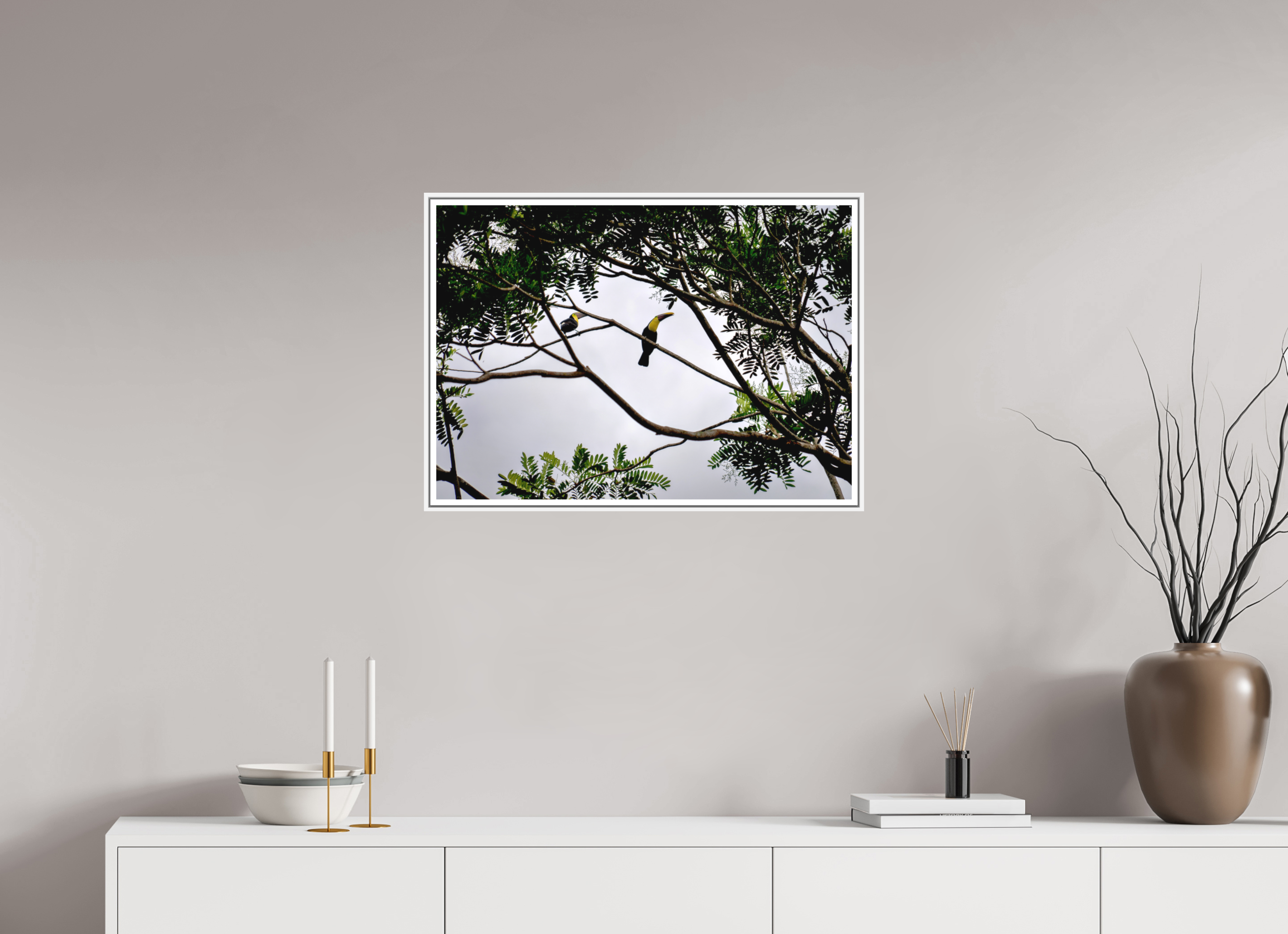 70.6 x 50 cm, Print on Forex with Frame A Hornbill on a Branch