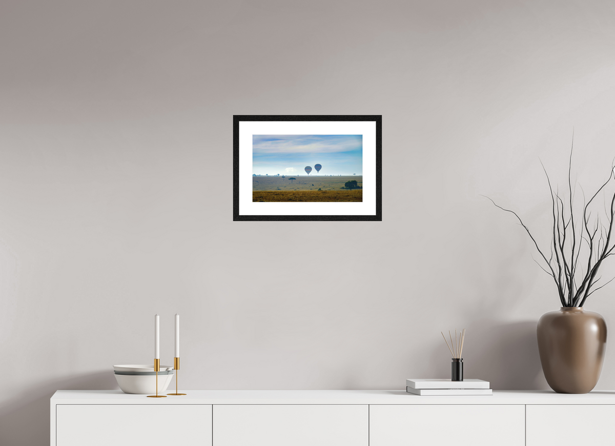 40.2 x 25 cm, Smooth Natural Paper Print with Frame Hot-air Balloons over the Masai Mara - Kenya