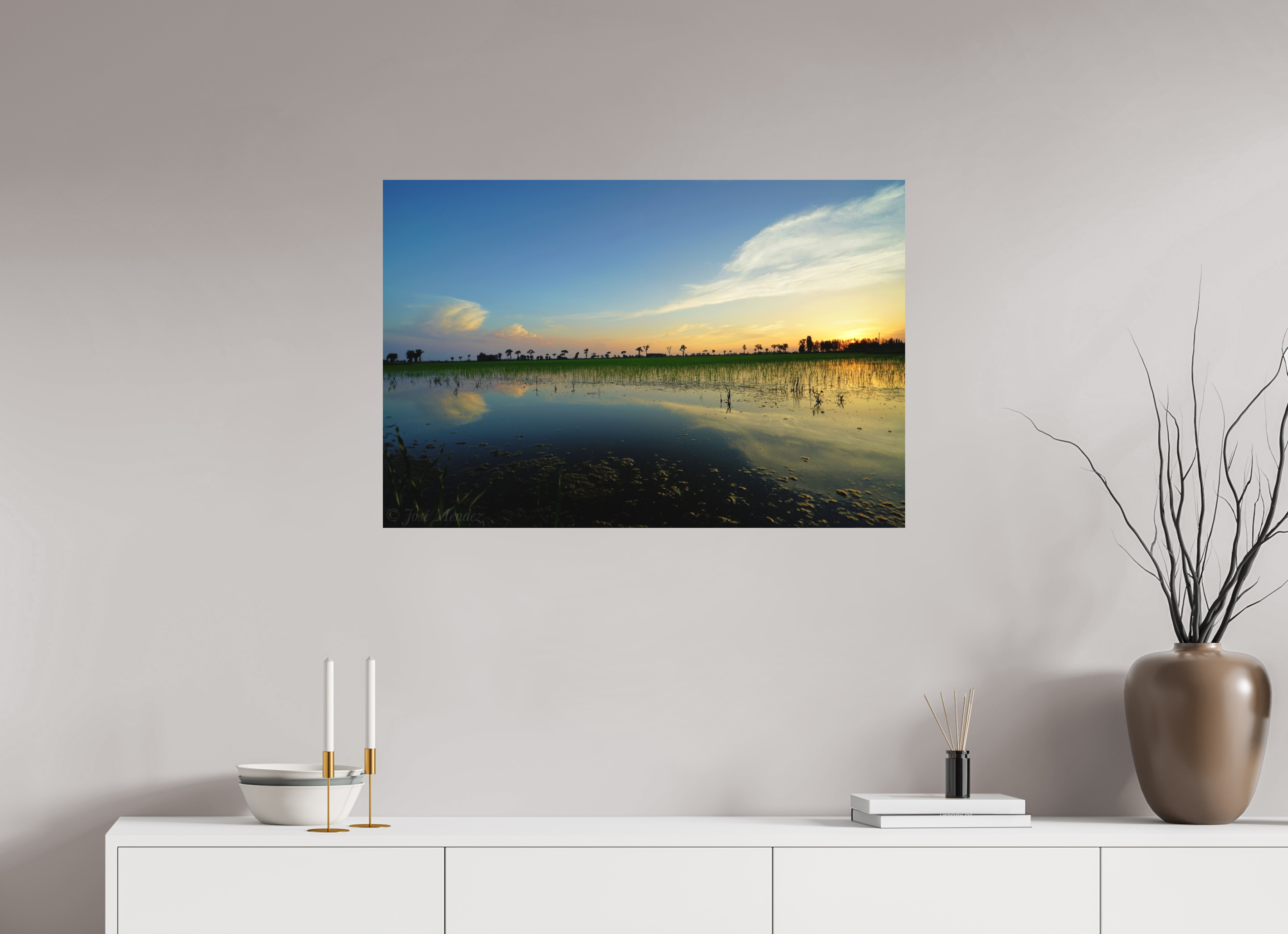 90 x 60 cm, Fine Art Print Smooth Rice Fields at Twilight