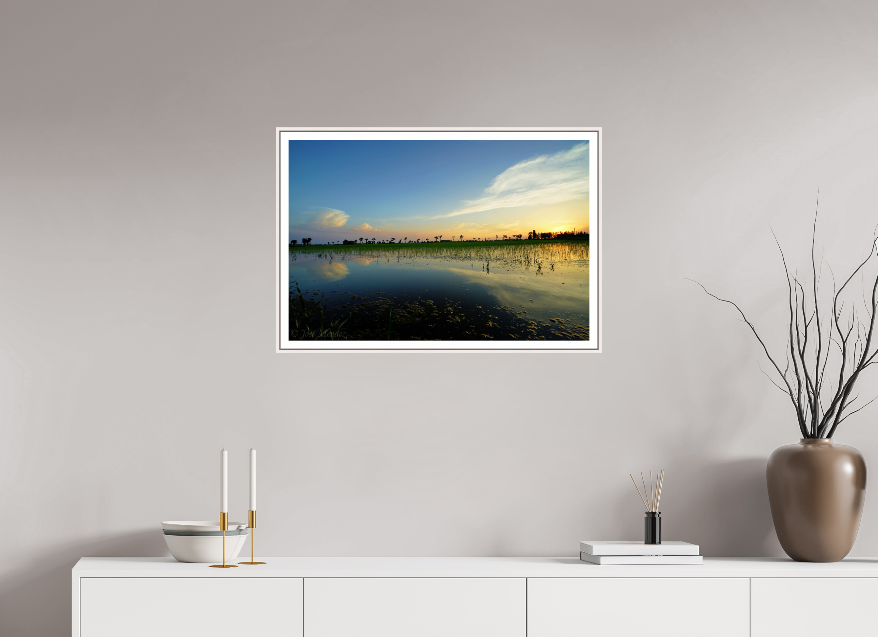 75 x 50 cm, Fine Art Print On Framed Aluminum Dibond Rice Fields at Dusk