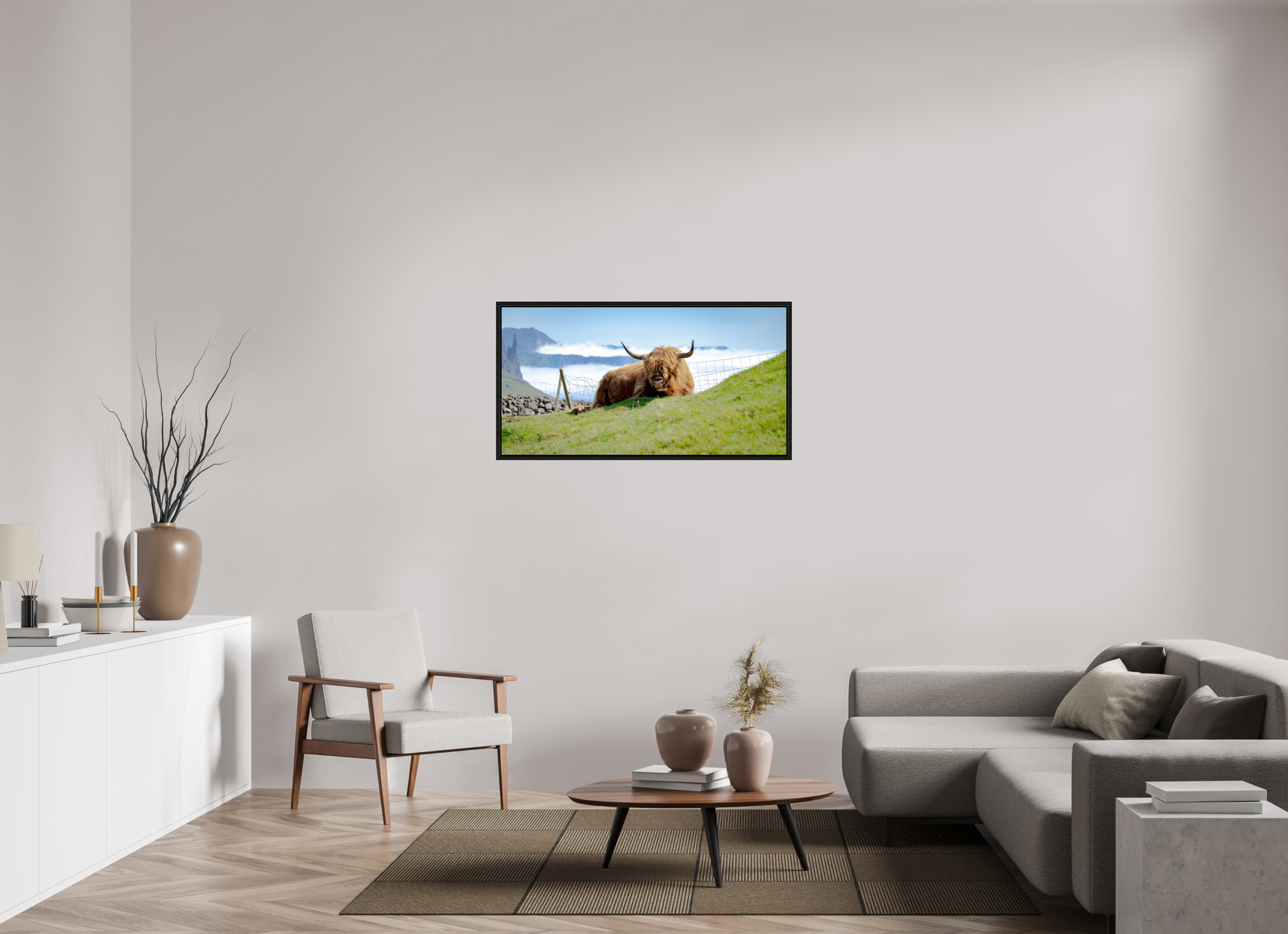 115.8 x 60 cm, Floater Frame Highland Cow of the Faroe Islands