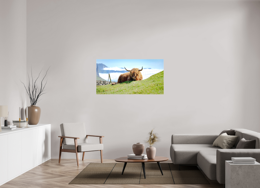 135 x 70 cm, Matte Canvas on Stretcher Frame Highland Cow of the Faroe Islands