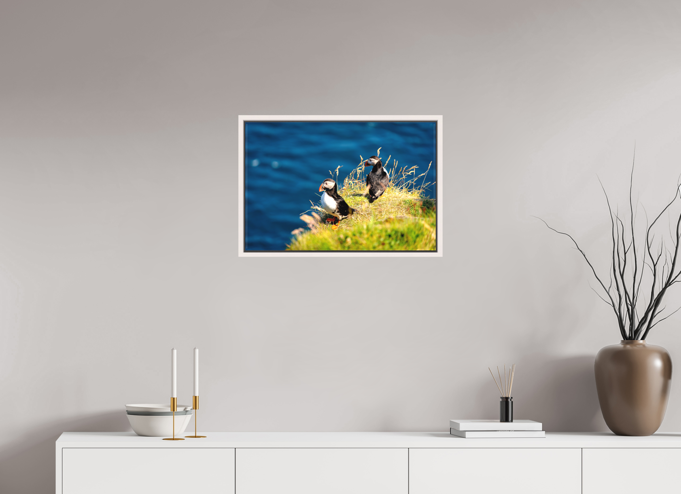 60 x 40 cm, Matte Canvas 15 mm Frame Clifftop Puffins