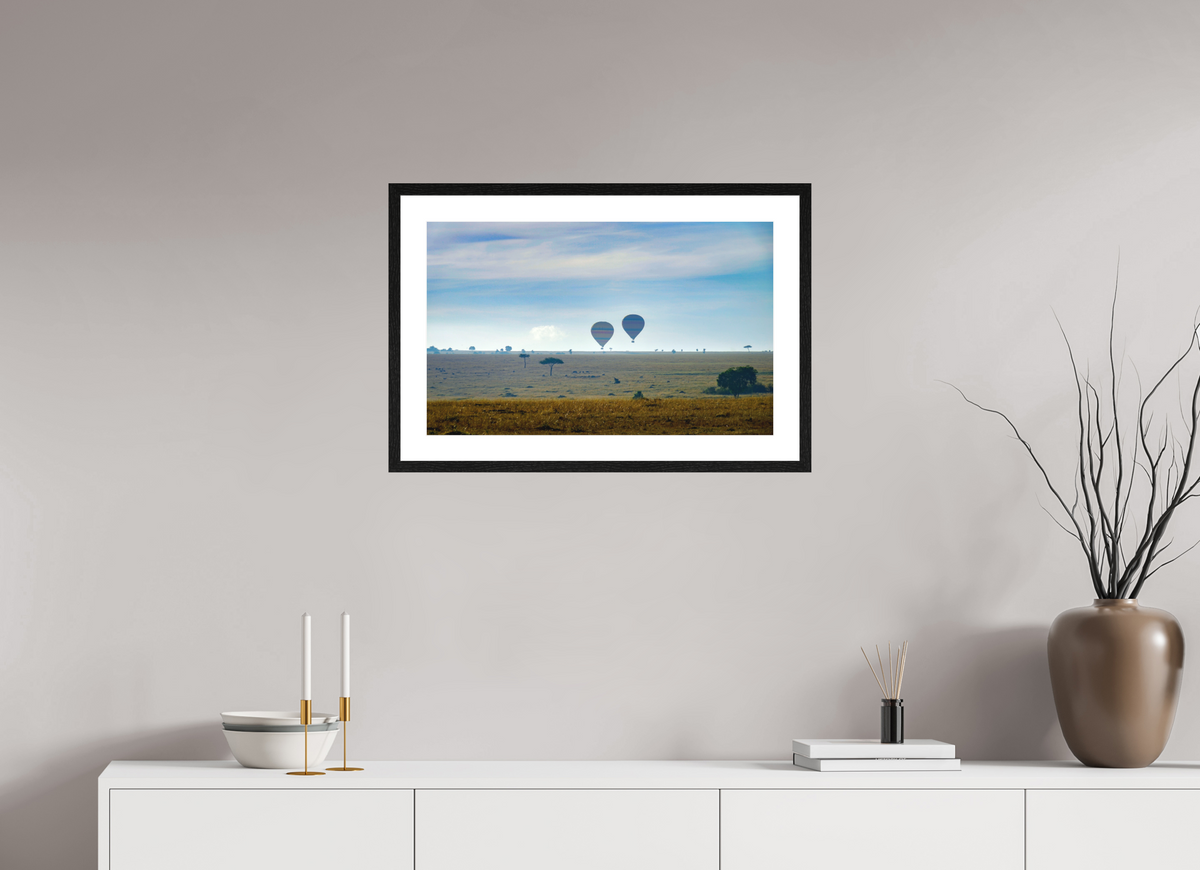 64.3 x 40 cm, Smooth Natural Paper Print with Frame Hot-air Balloons over the Masai Mara - Kenya
