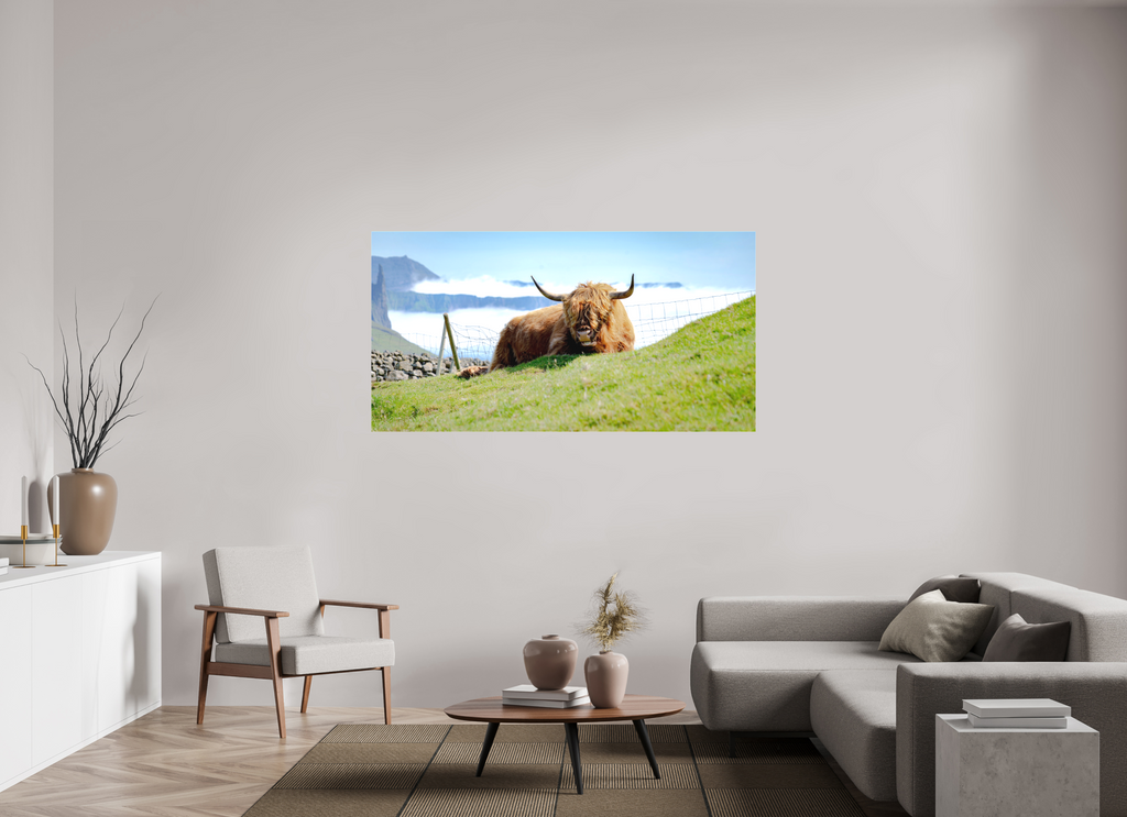 173.6 x 90 cm, Matte Canvas on Stretcher Frame Highland Cow of the Faroe Islands