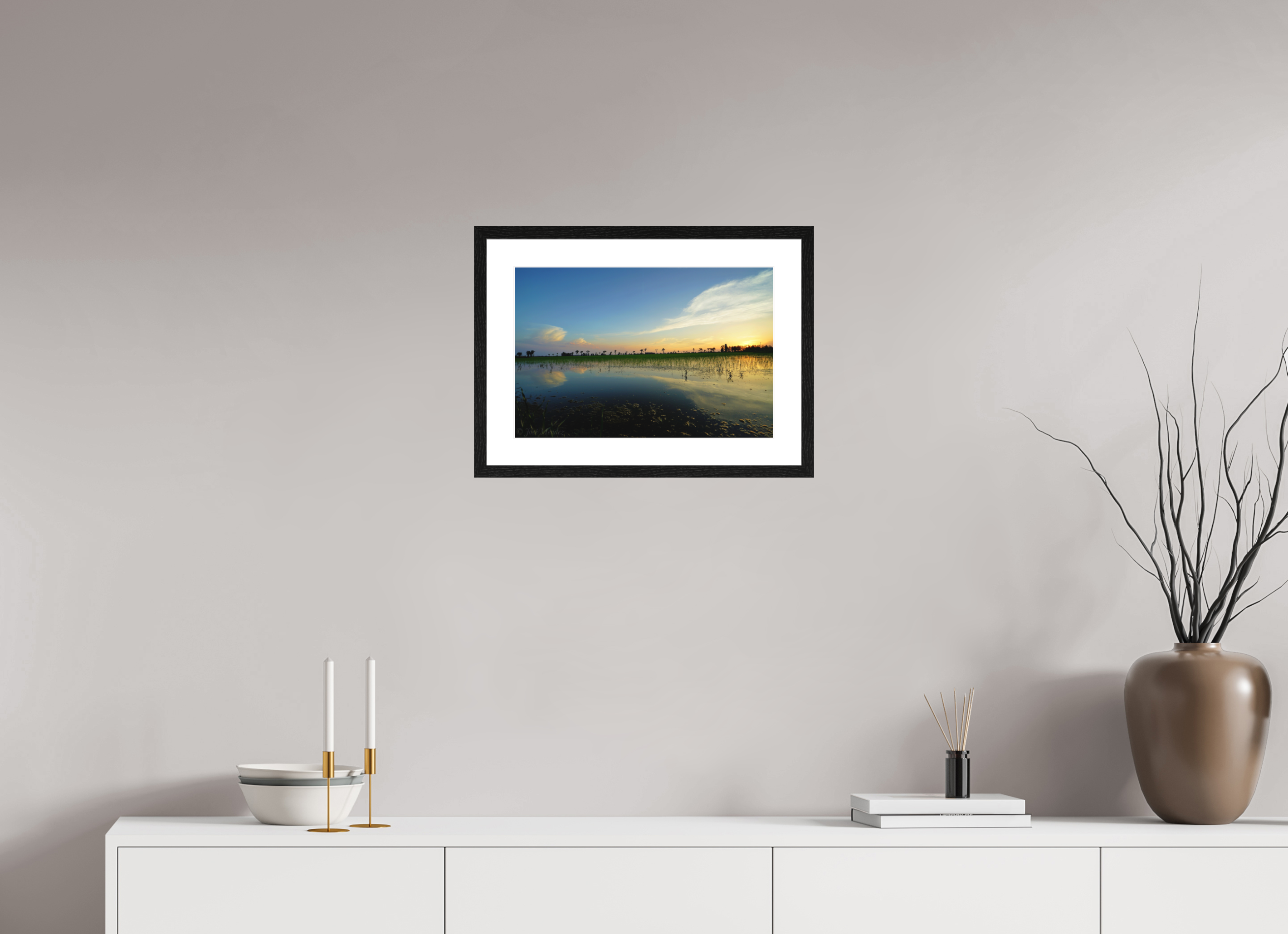 45 x 30 cm, Smooth Natural Paper Print with Frame Rice Fields at Dusk