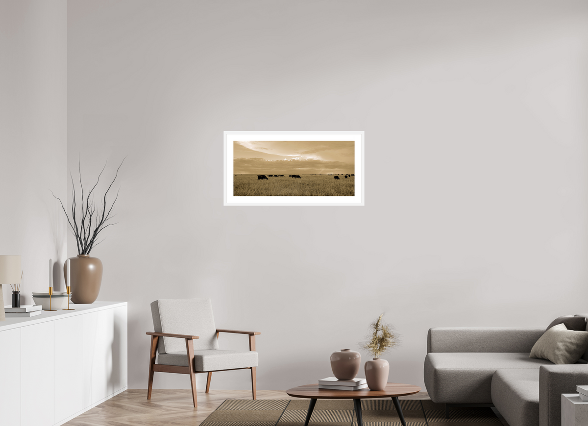 86.6 x 40 cm, Fine Art Print with Frame Grazing Herd of African Buffalo, Masai Mara, Kenya