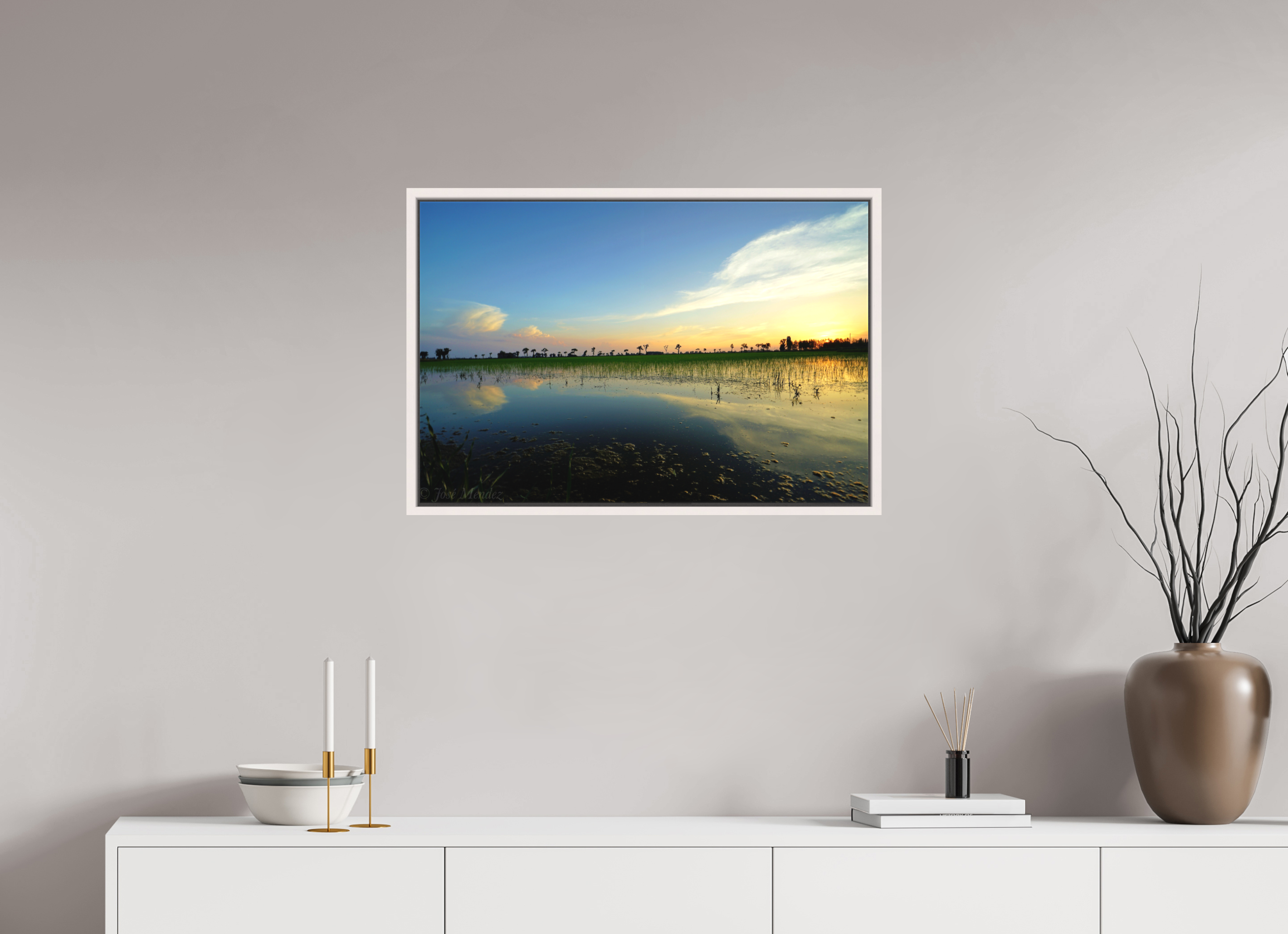 75 x 50 cm, Matte Canvas 15 mm Frame Rice Fields at Dusk