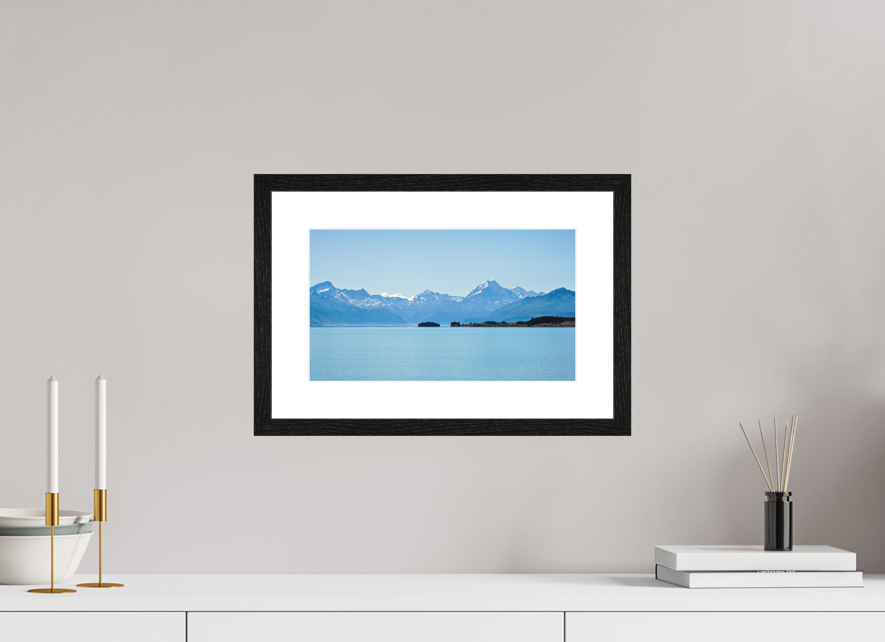 34.4 x 20 cm, Smooth Natural Paper Print with Frame Aoraki Reflections – Lake Pukaki & Mount Cook, New Zealand