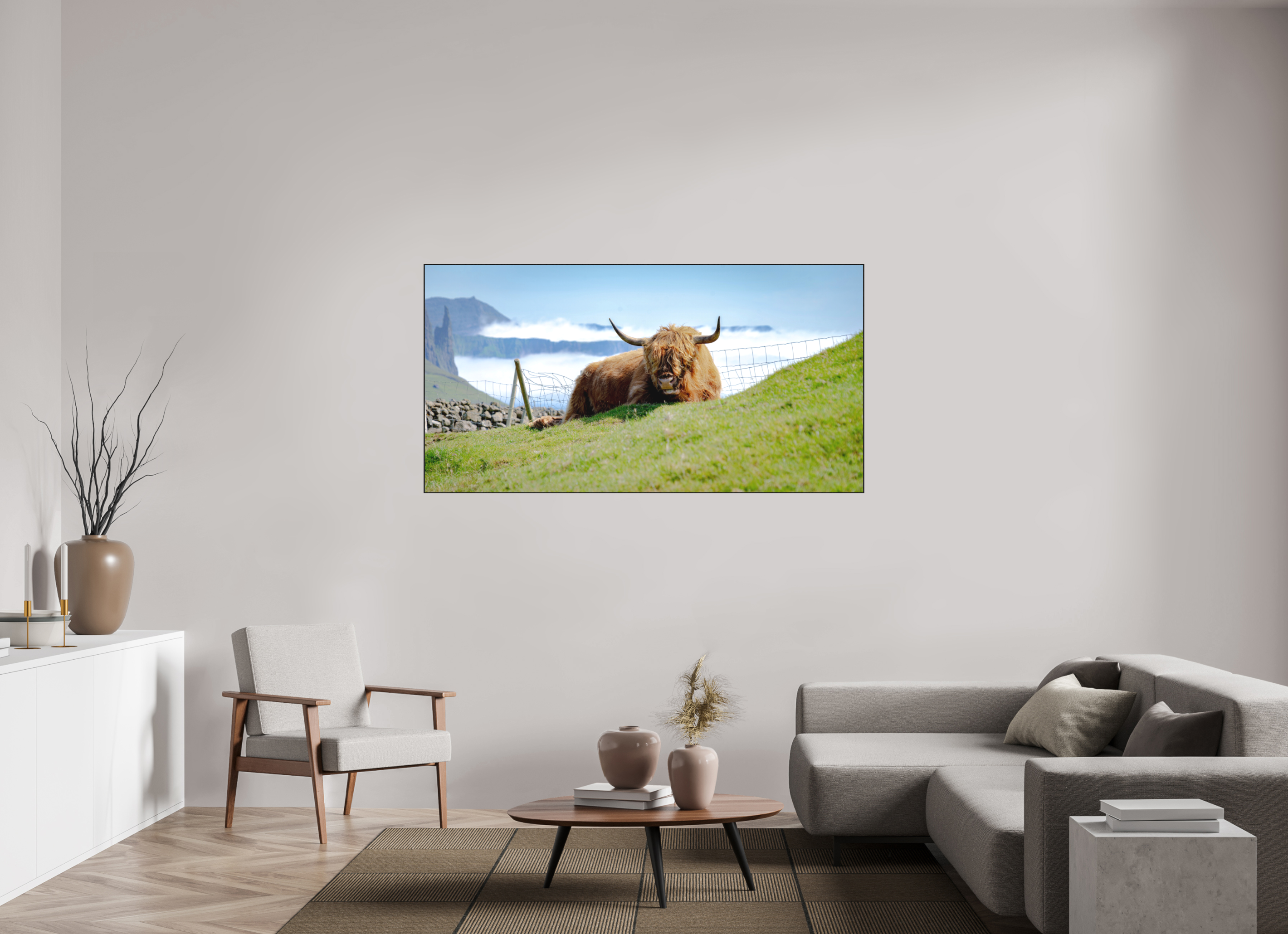 173.6 x 90 cm, Solid Wood Artbox Highland Cow of the Faroe Islands