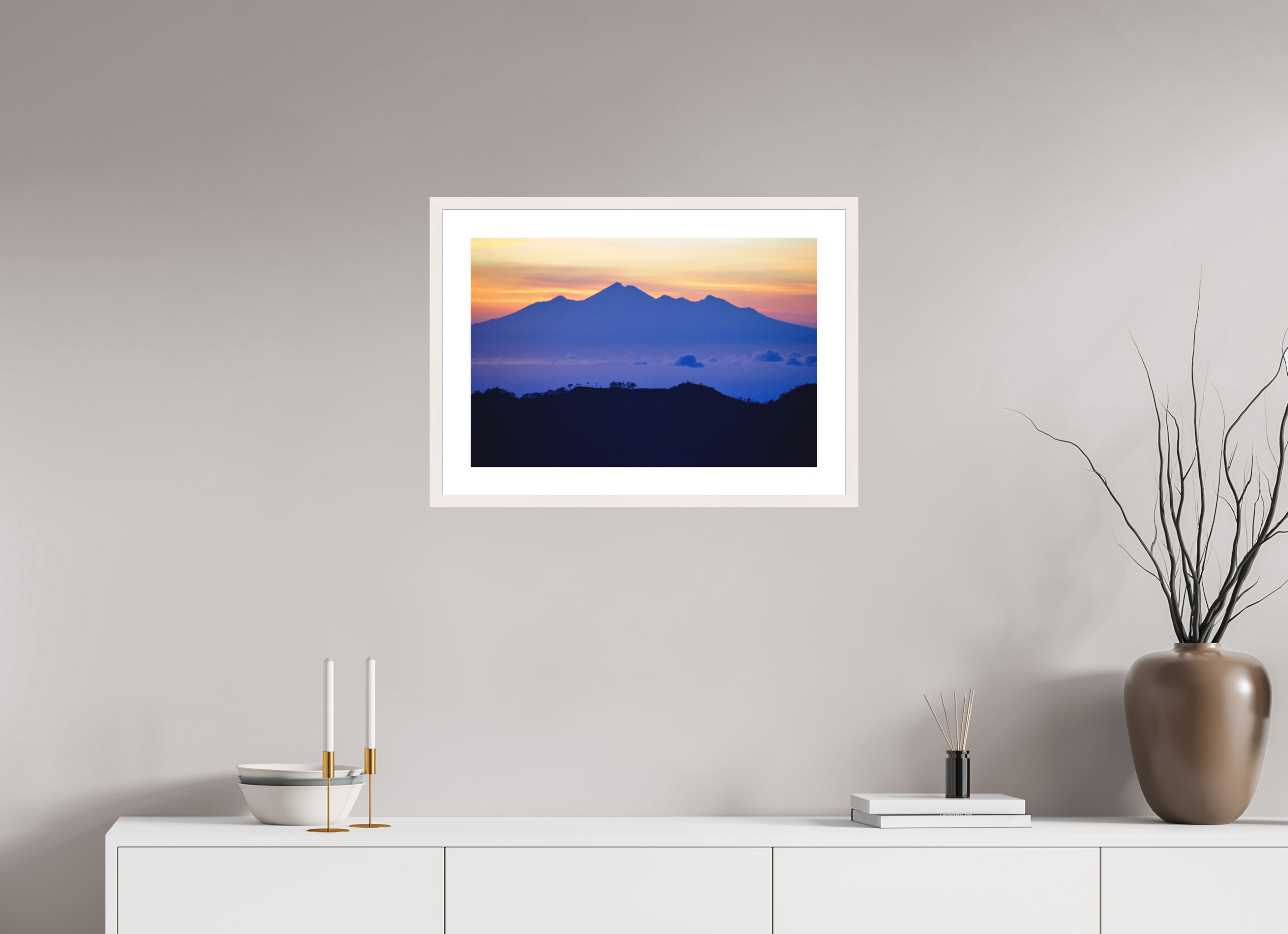 60 x 40 cm, Solid Wood Frame with Passe Partout Mount Agung at Sunrise - Bali - Indonesia