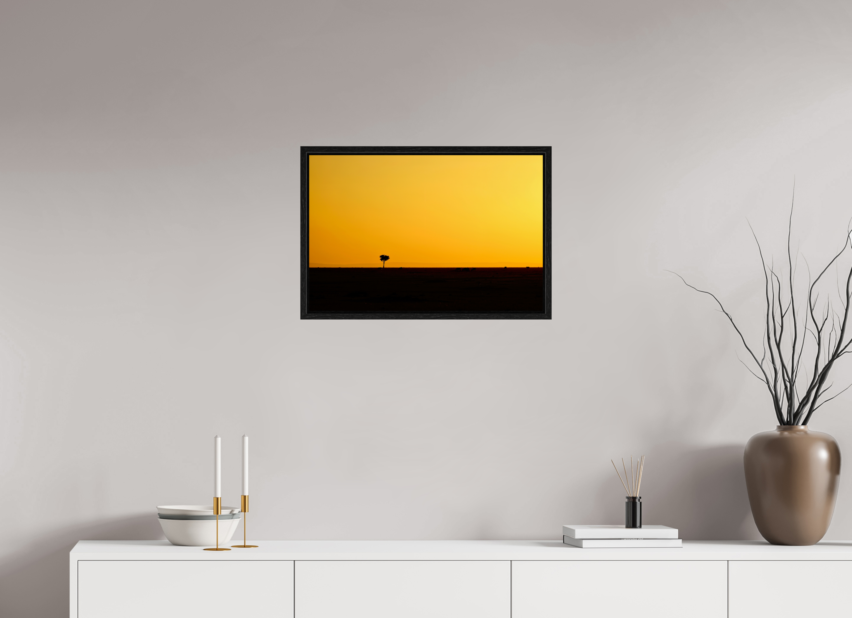 60 x 40 cm, Floater Frame Golden Sky over the African Savannah