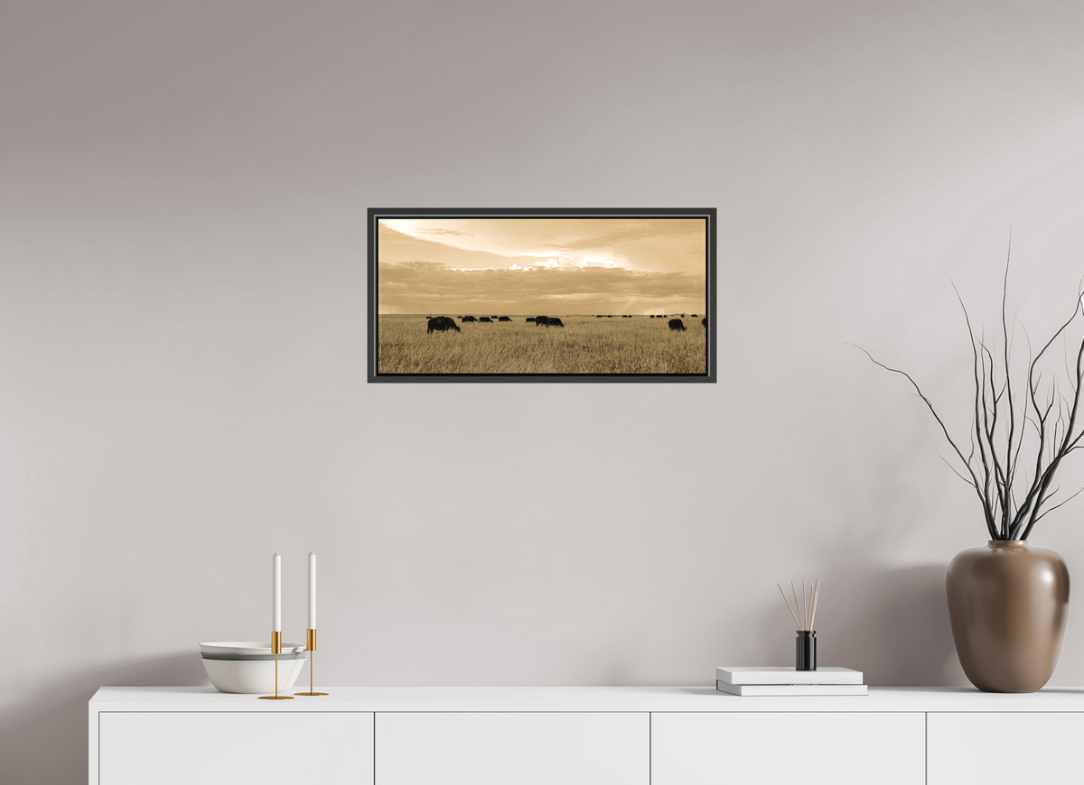 64.9 x 30 cm, Textile Print Canvas with 15 mm Width Gap Frame Grazing Herd of African Buffalo, Masai Mara, Kenya