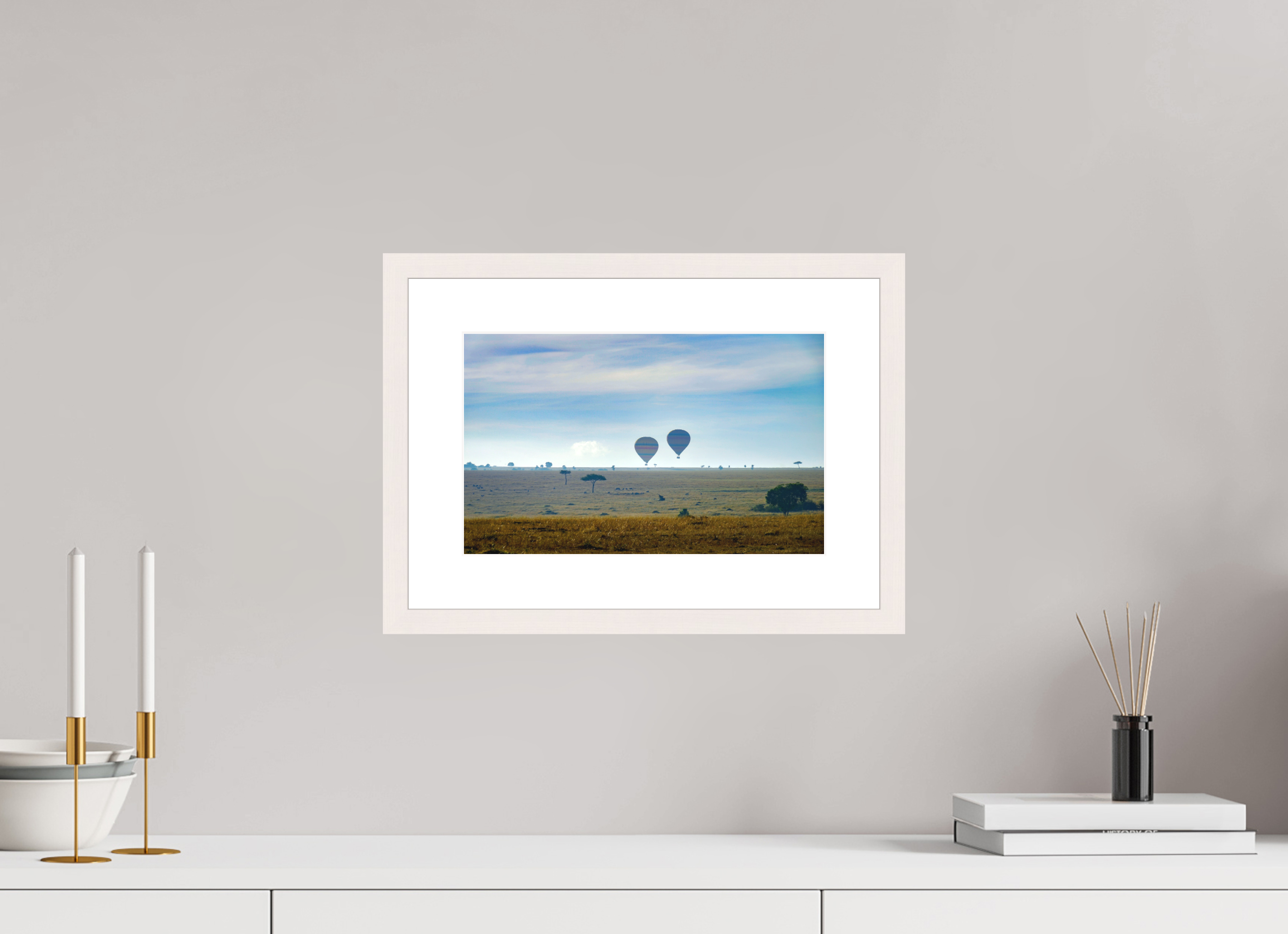 32.1 x 20 cm, Solid Wood Frame with Passe Partout Hot-air Balloons over the Masai Mara - Kenya