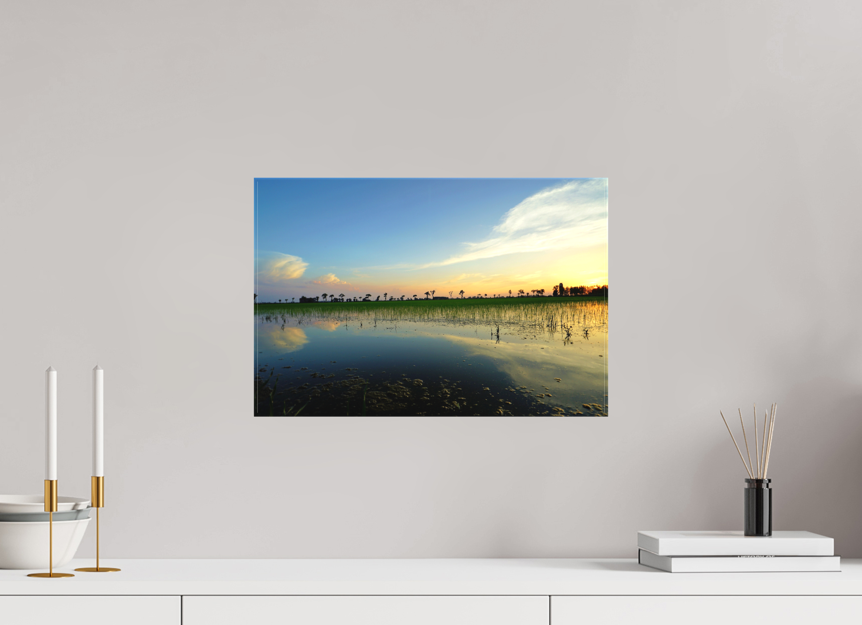 45 x 30 cm, Matte Canvas on Stretcher Frame Rice Fields at Dusk