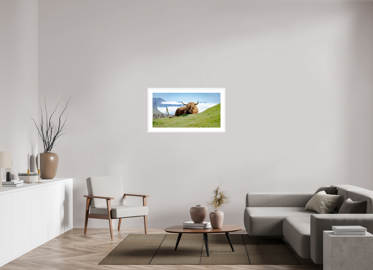 96.5 x 50 cm, Fine Art Print with Frame Highland Cow of the Faroe Islands