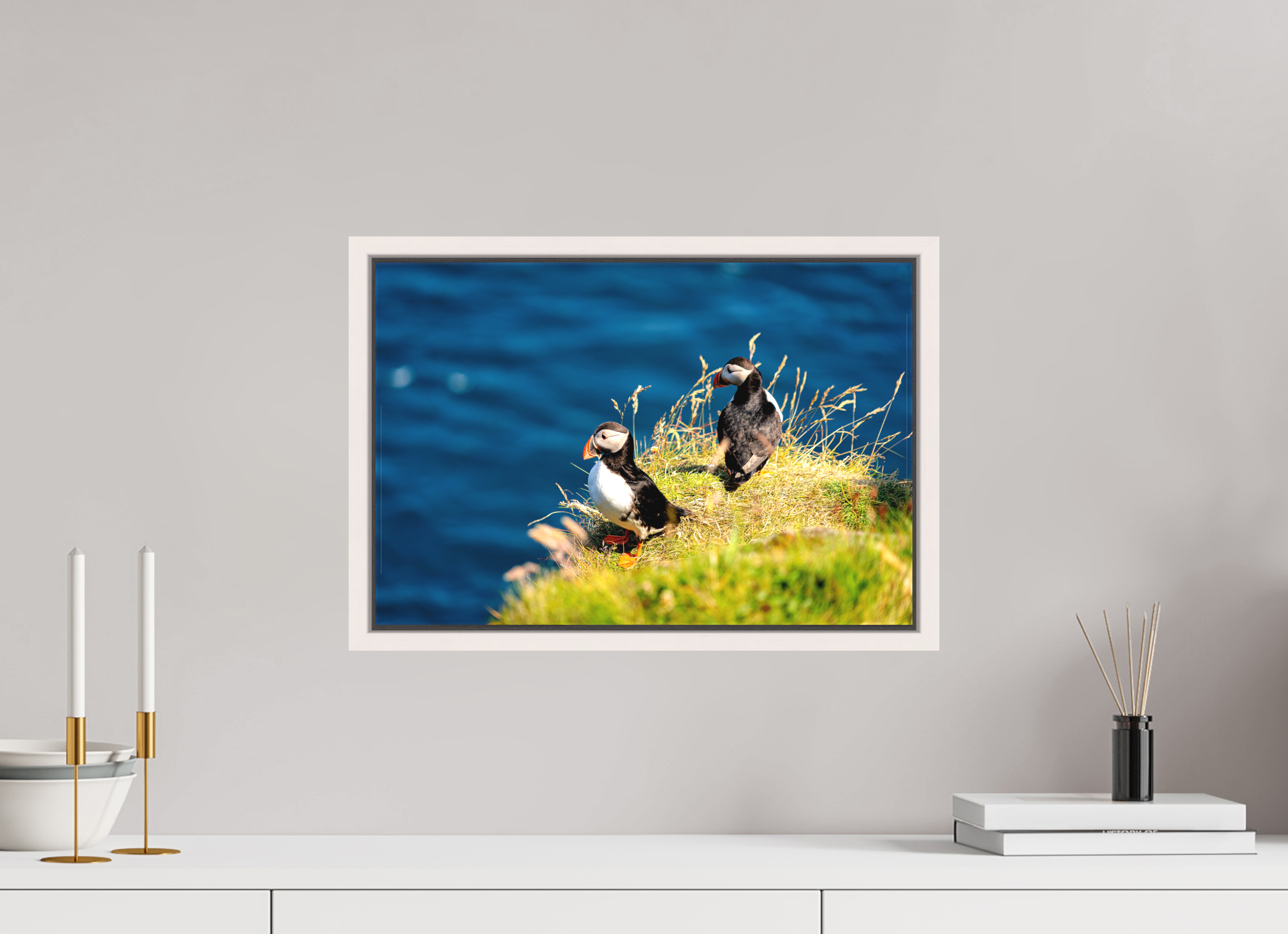 45 x 30 cm, Matte Canvas 15 mm Frame Clifftop Puffins