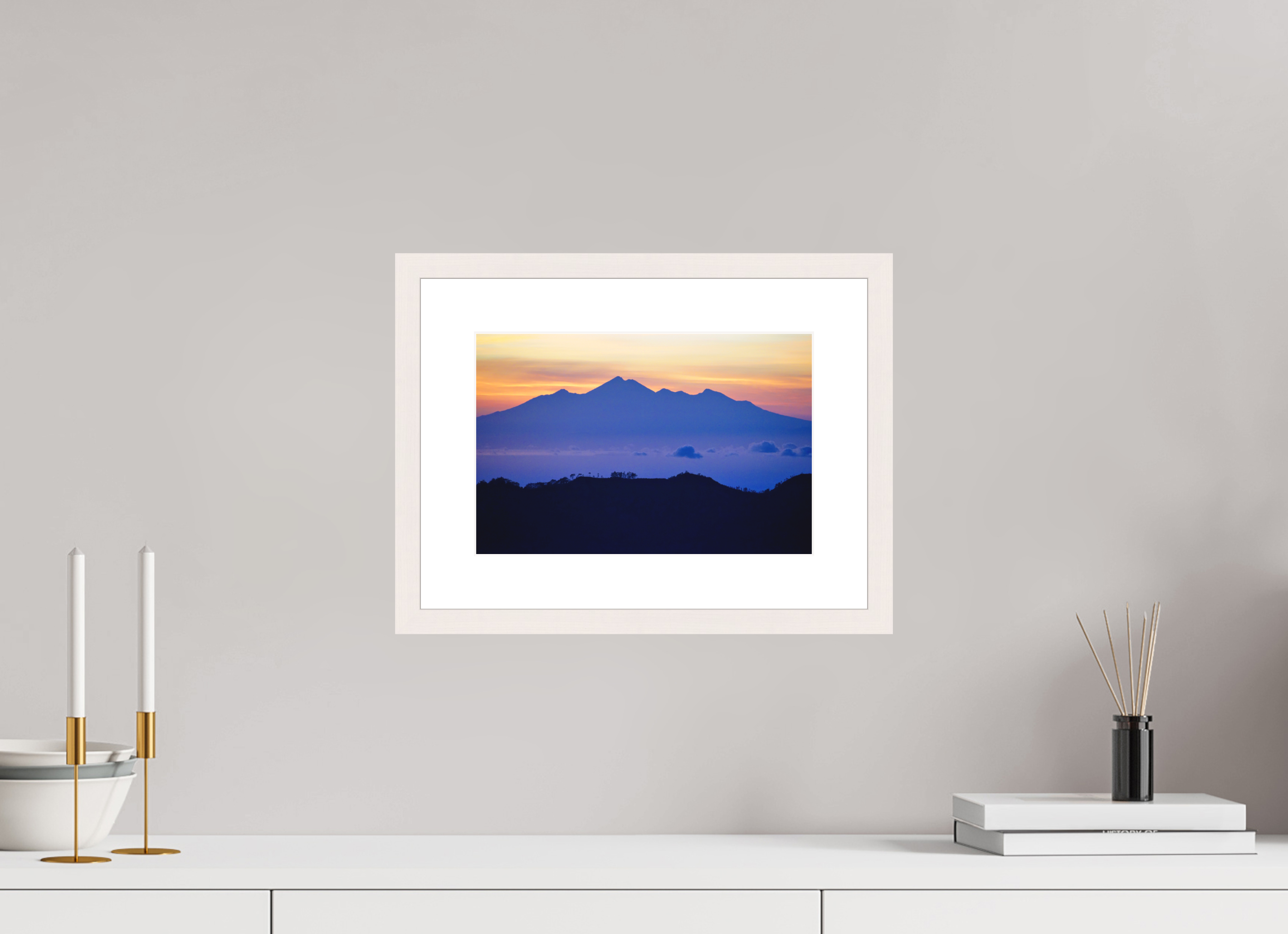 30 x 20 cm, Solid Wood Frame with Passe Partout Mount Agung at Sunrise - Bali - Indonesia