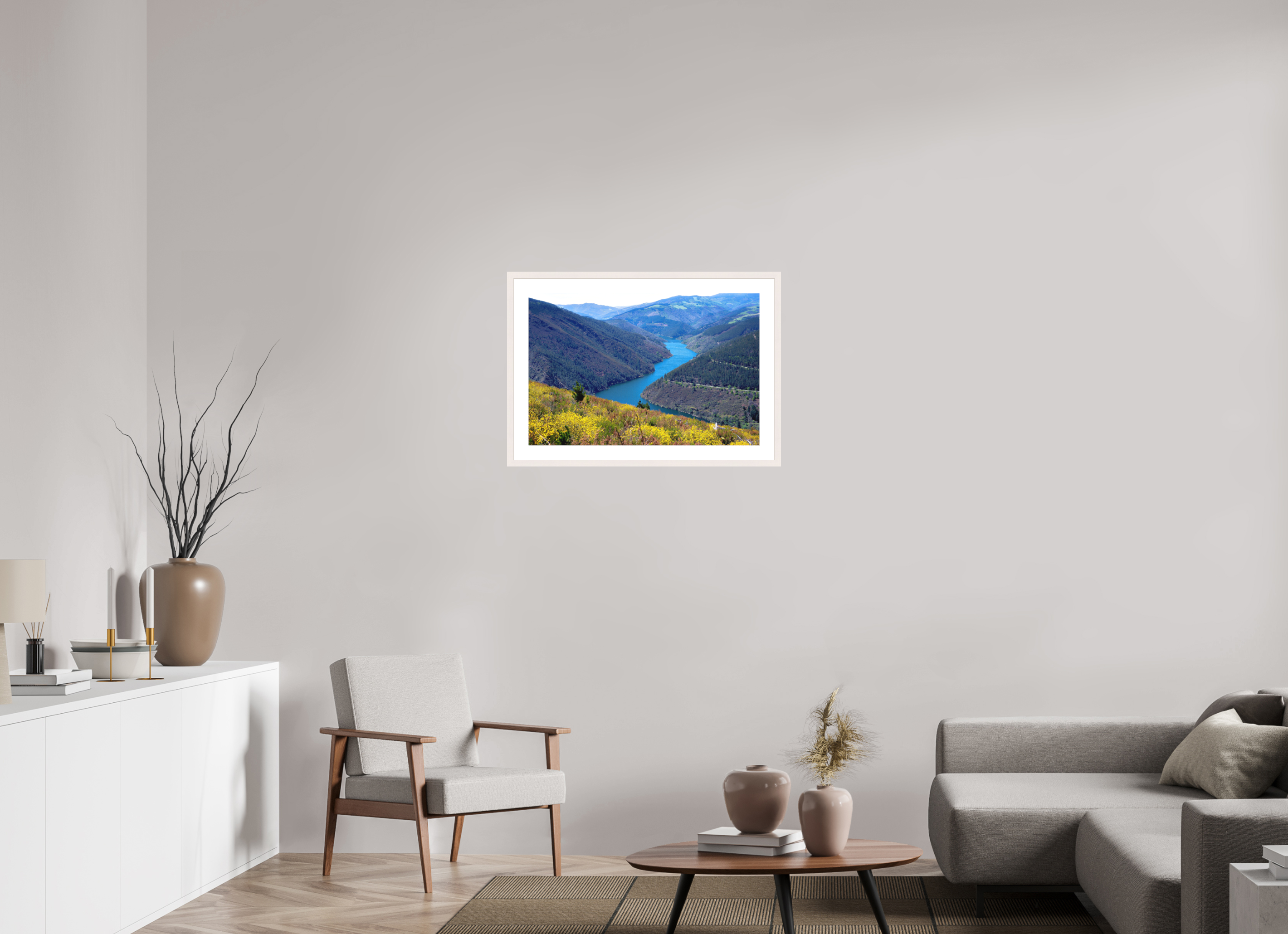 75.5 x 50 cm, Solid Wood Frame with Passe Partout Blue River